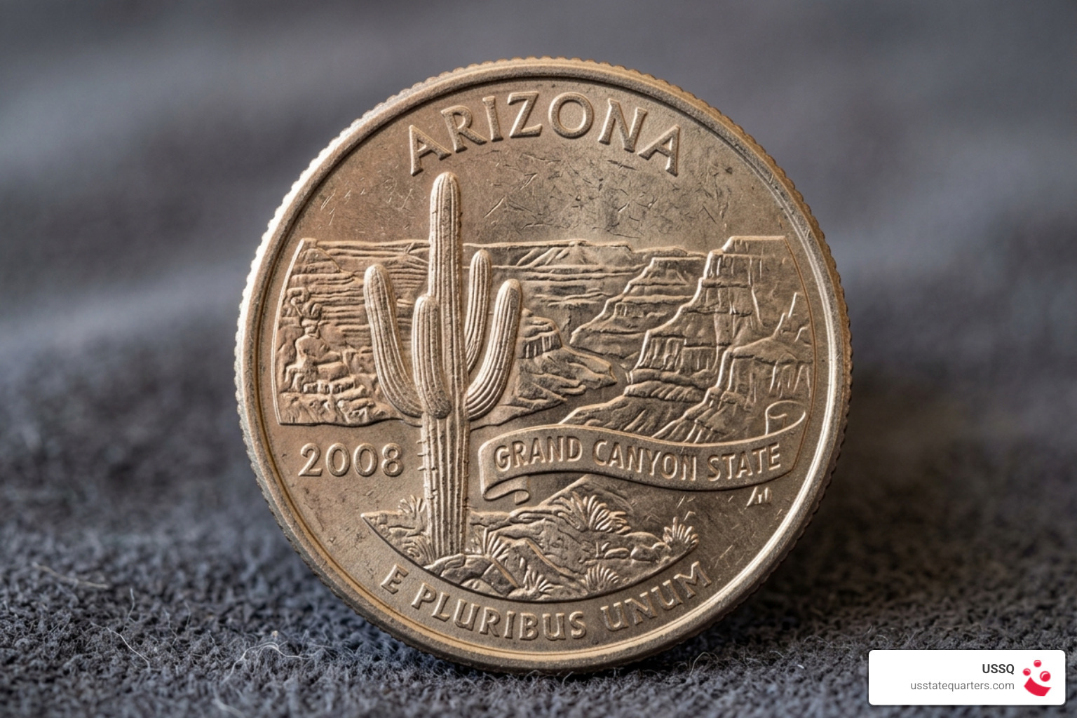 2008 Arizona Statehood Quarter showing the saguaro cactus and Grand Canyon with the motto Grand Canyon State - arizona