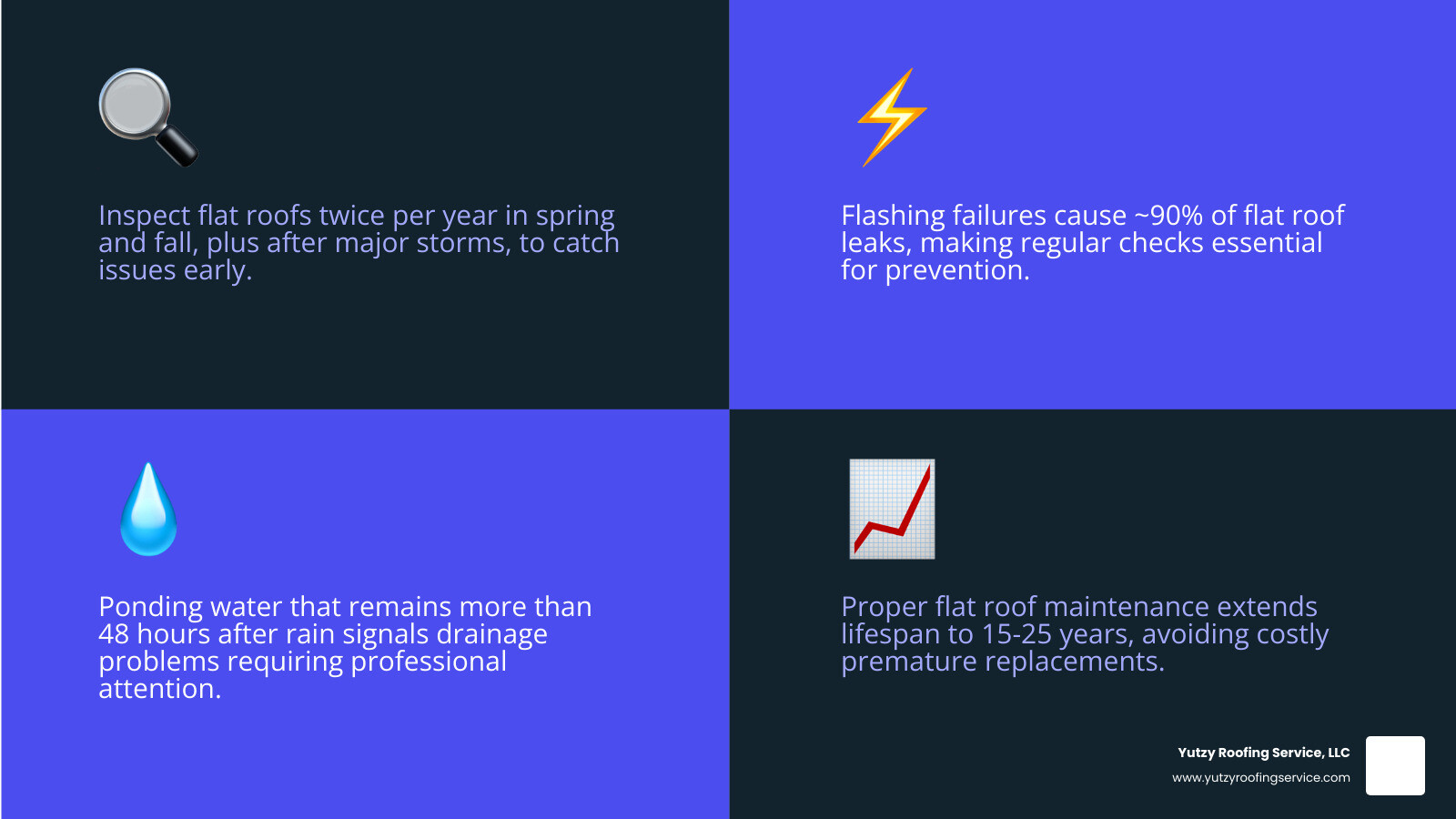 Infographic showing flat roof maintenance benefits: inspection schedule, leak prevention, lifespan extension, cost savings Infographic showing flat roof maintenance benefits: inspection schedule, leak prevention, lifespan extension, cost savings