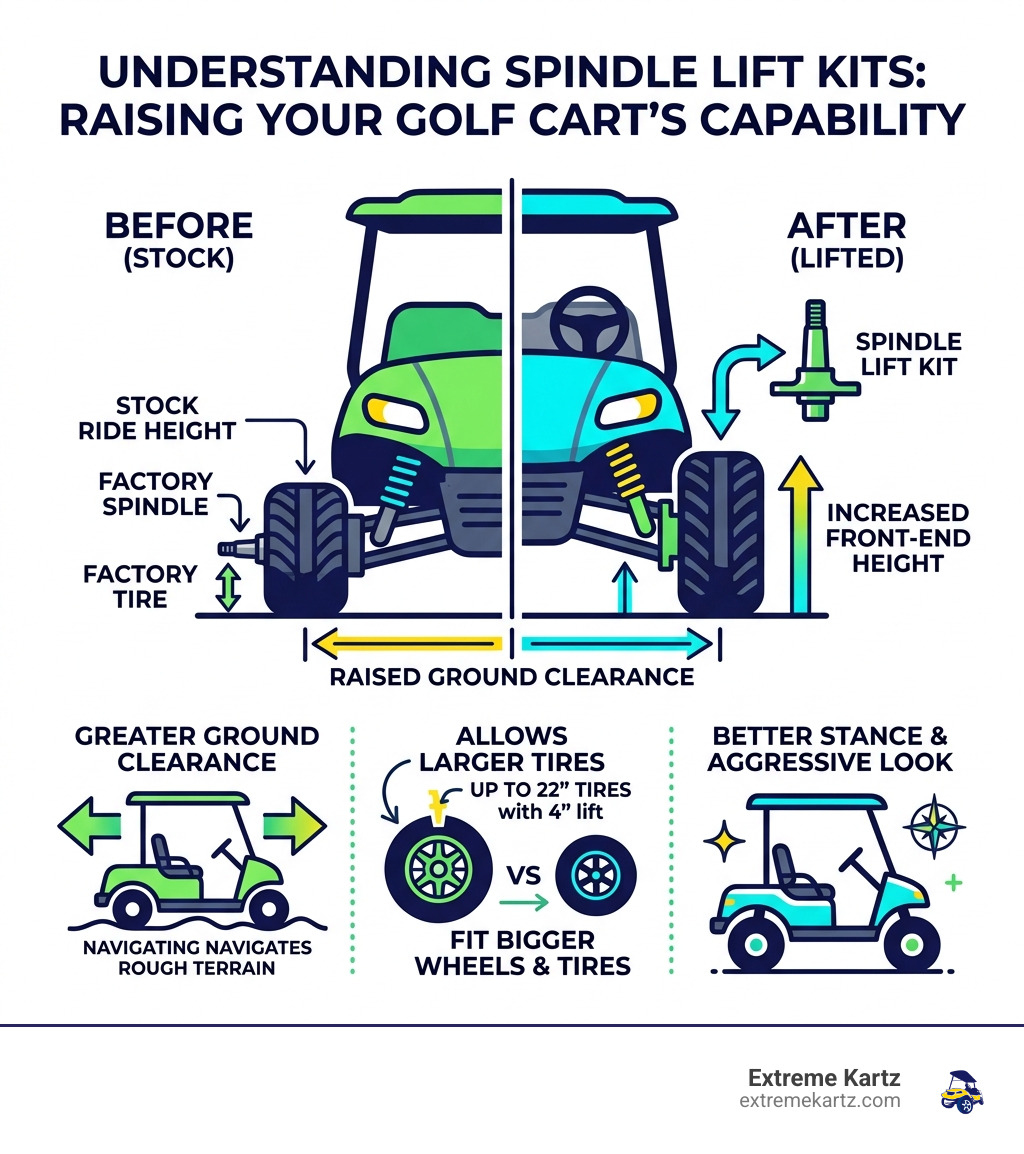 Infographic showing how a spindle lift kit raises golf cart front-end height, increases ground clearance, and allows larger Infographic showing how a spindle lift kit raises golf cart front-end height, increases ground clearance, and allows larger