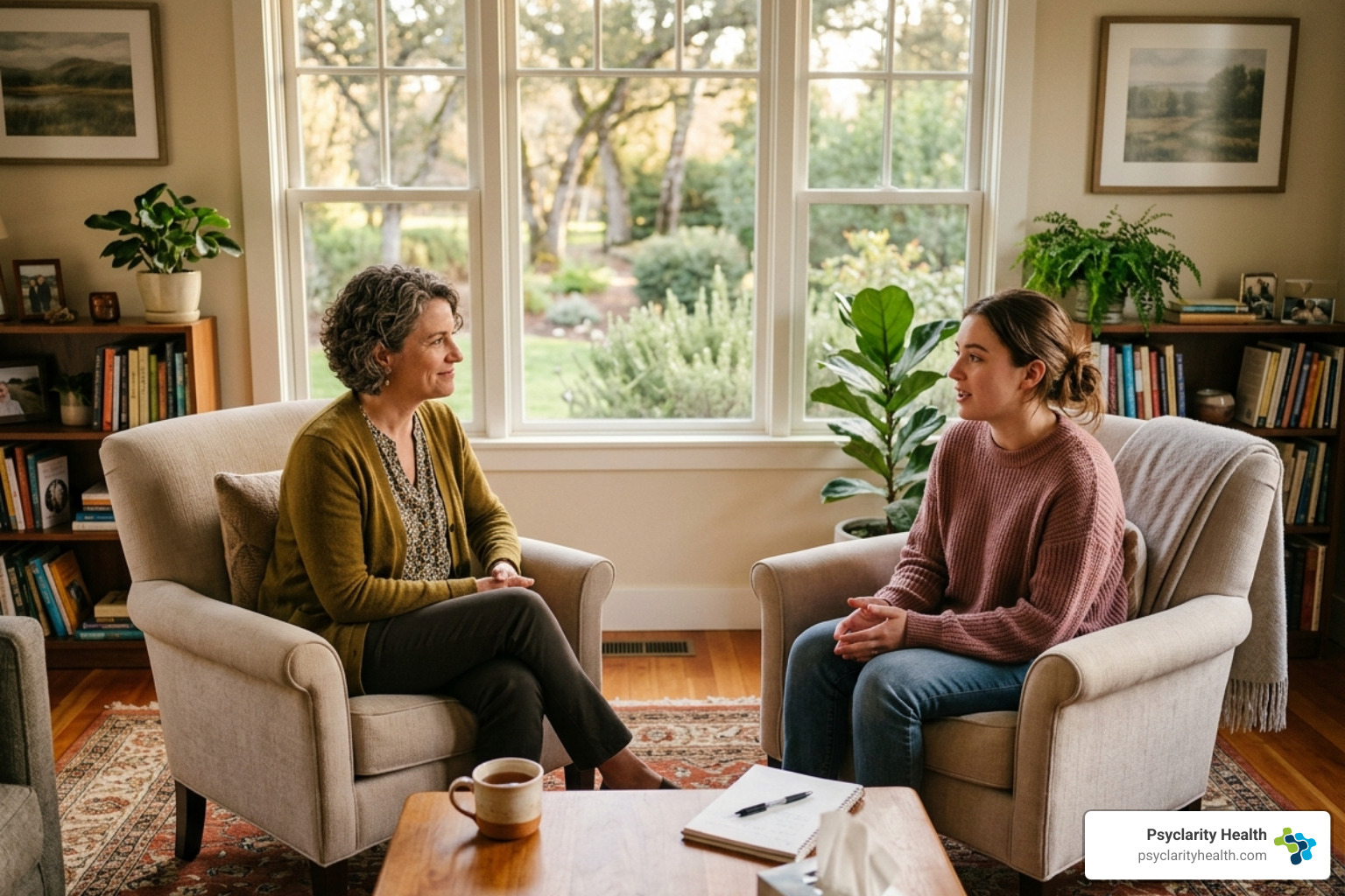 A compassionate therapy session between a therapist and a client in a residential setting - inpatient mental health