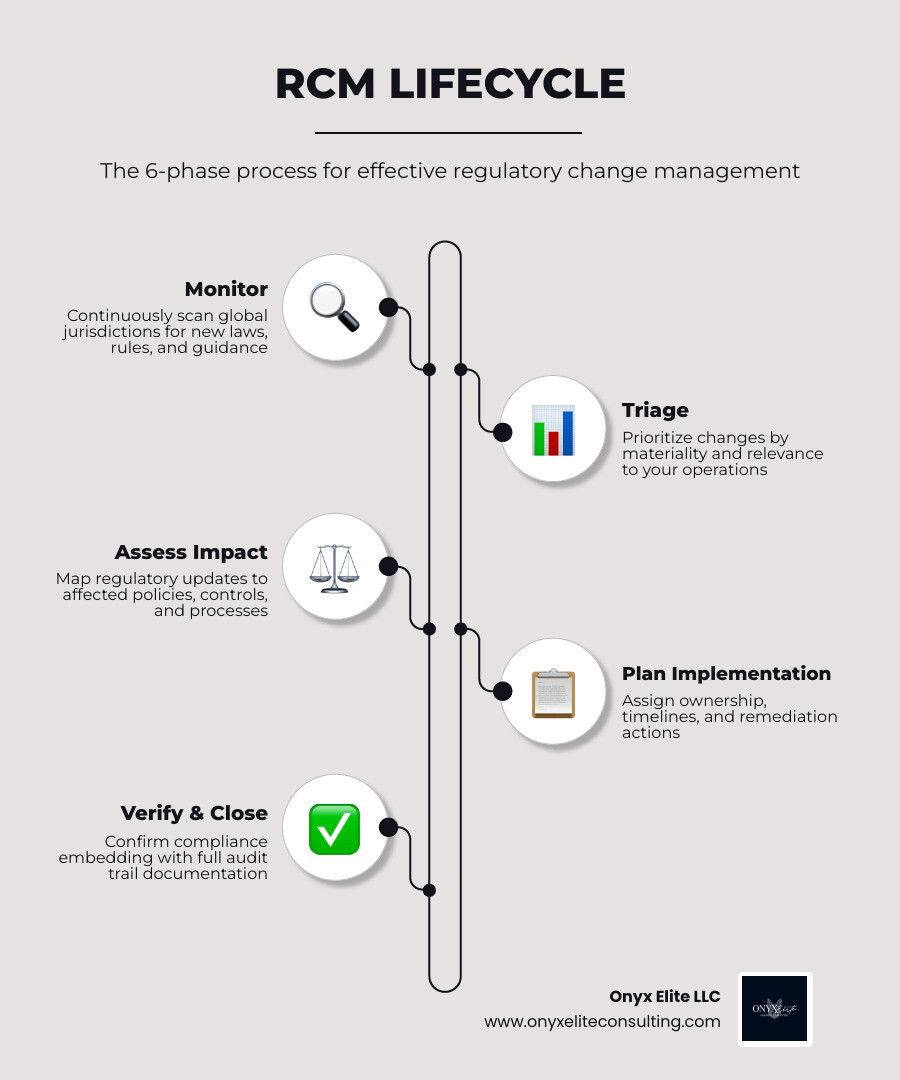 RCM lifecycle infographic: 6 phases from monitoring to verification and closure - regulatory change management services