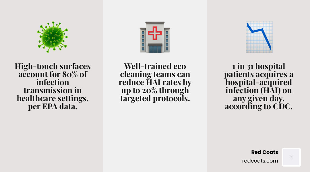 Infographic showing 80% infection transmission via high-touch surfaces and how eco janitorial protocols reduce HAIs - eco