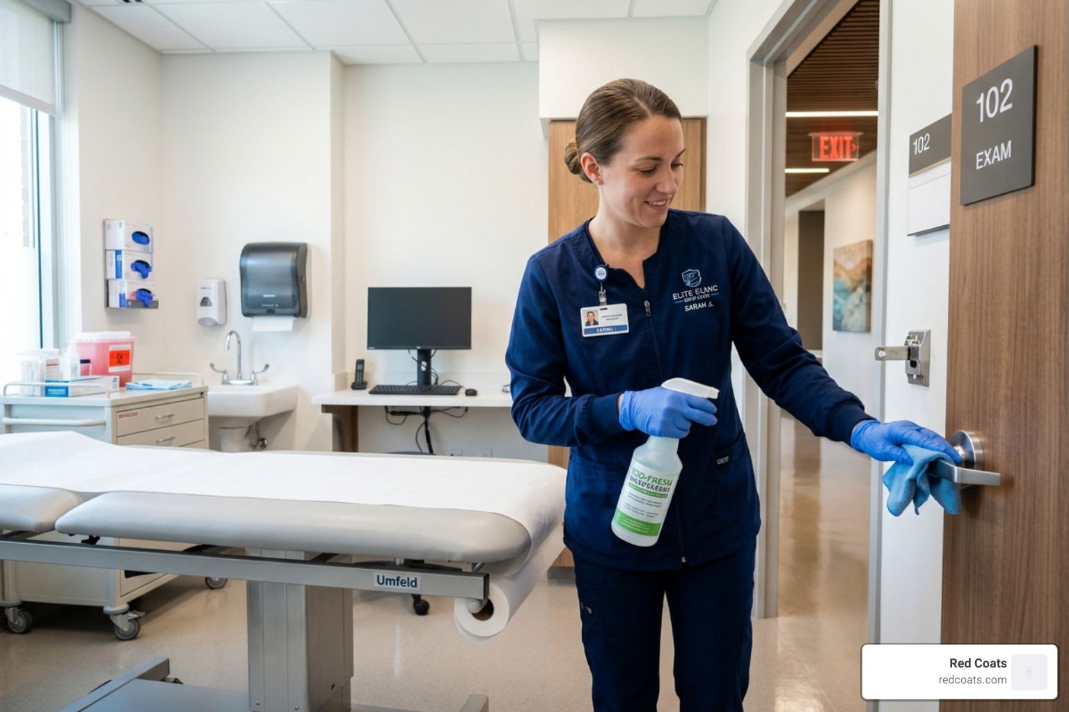 Professional cleaner using microfiber technology and eco-friendly disinfectants in a clinic - eco janitorial medical offices