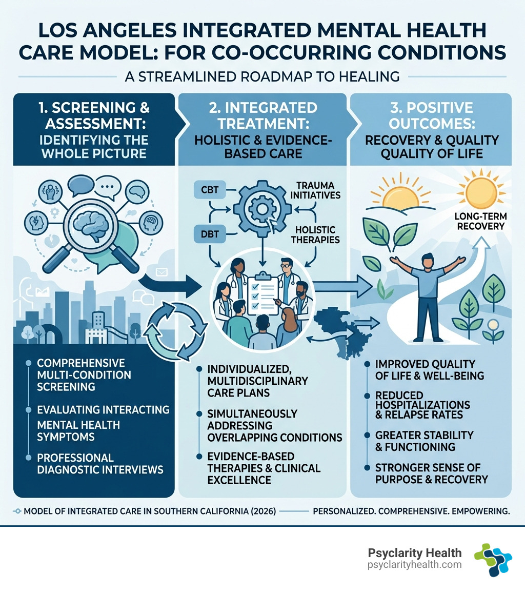 Infographic: Integrated mental health care model in Los Angeles — screening, treatment, and outcomes - co occurring disorder