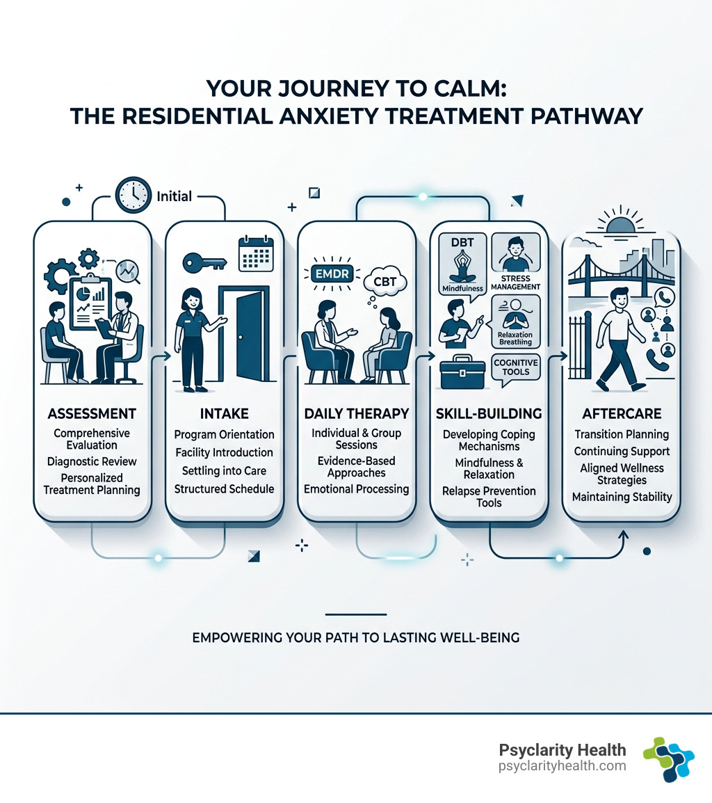 Infographic showing the residential anxiety treatment journey: assessment, intake, daily therapy, skill-building, and