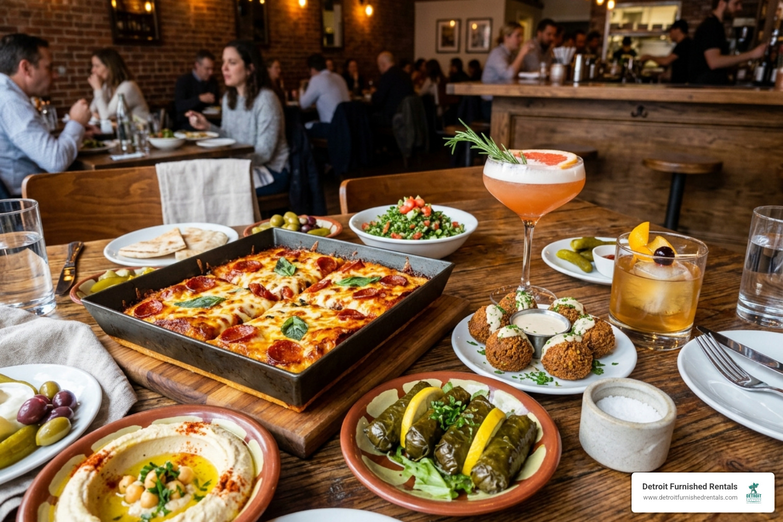 A diverse food spread featuring Detroit-style pizza, Middle Eastern appetizers, and craft cocktails - Detroit food blog A diverse food spread featuring Detroit-style pizza, Middle Eastern appetizers, and craft cocktails - Detroit food blog
