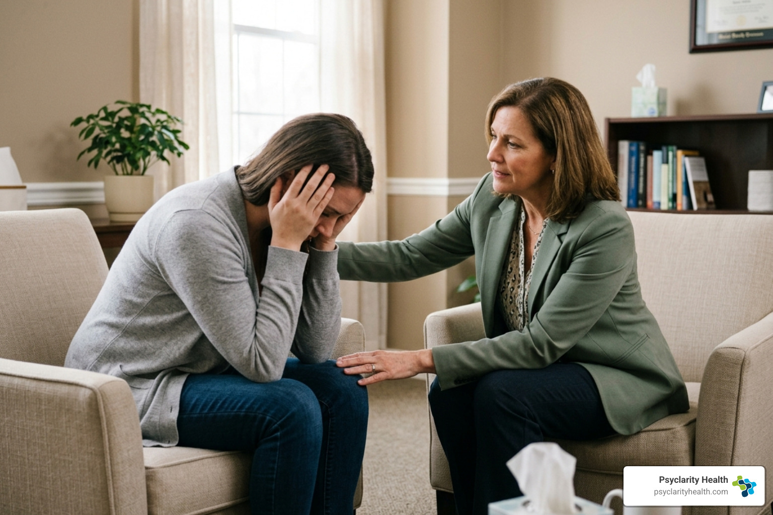 A person in distress receiving compassionate support from a mental health professional - immediate mental health treatment A person in distress receiving compassionate support from a mental health professional - immediate mental health treatment