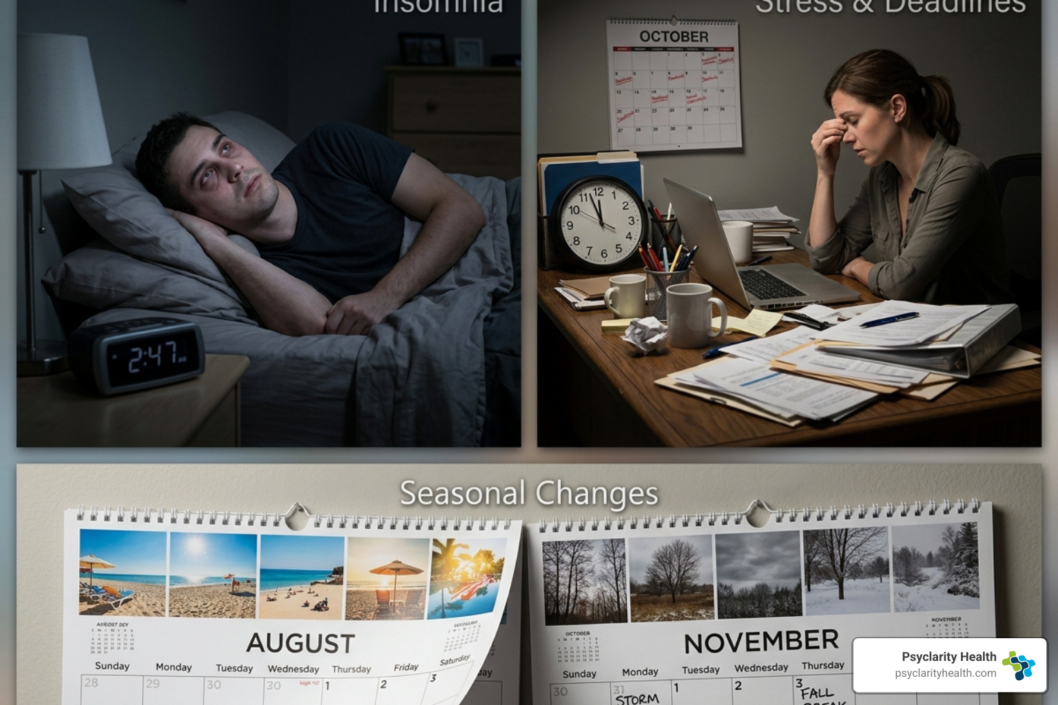 Common mood episode triggers including sleep deprivation, high stress, and seasonal changes - bipolar disorder residential