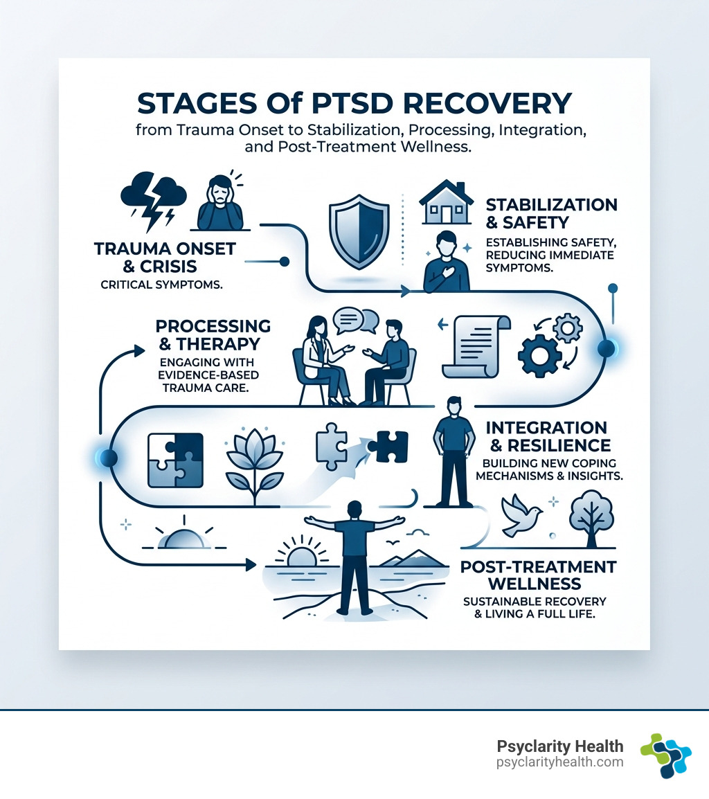 Stages of PTSD recovery from trauma onset to stabilization, processing, integration, and post-treatment wellness Stages of PTSD recovery from trauma onset to stabilization, processing, integration, and post-treatment wellness