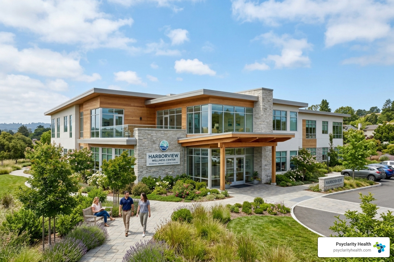 Exterior of a modern residential mental health treatment facility - difference between inpatient and outpatient mental health