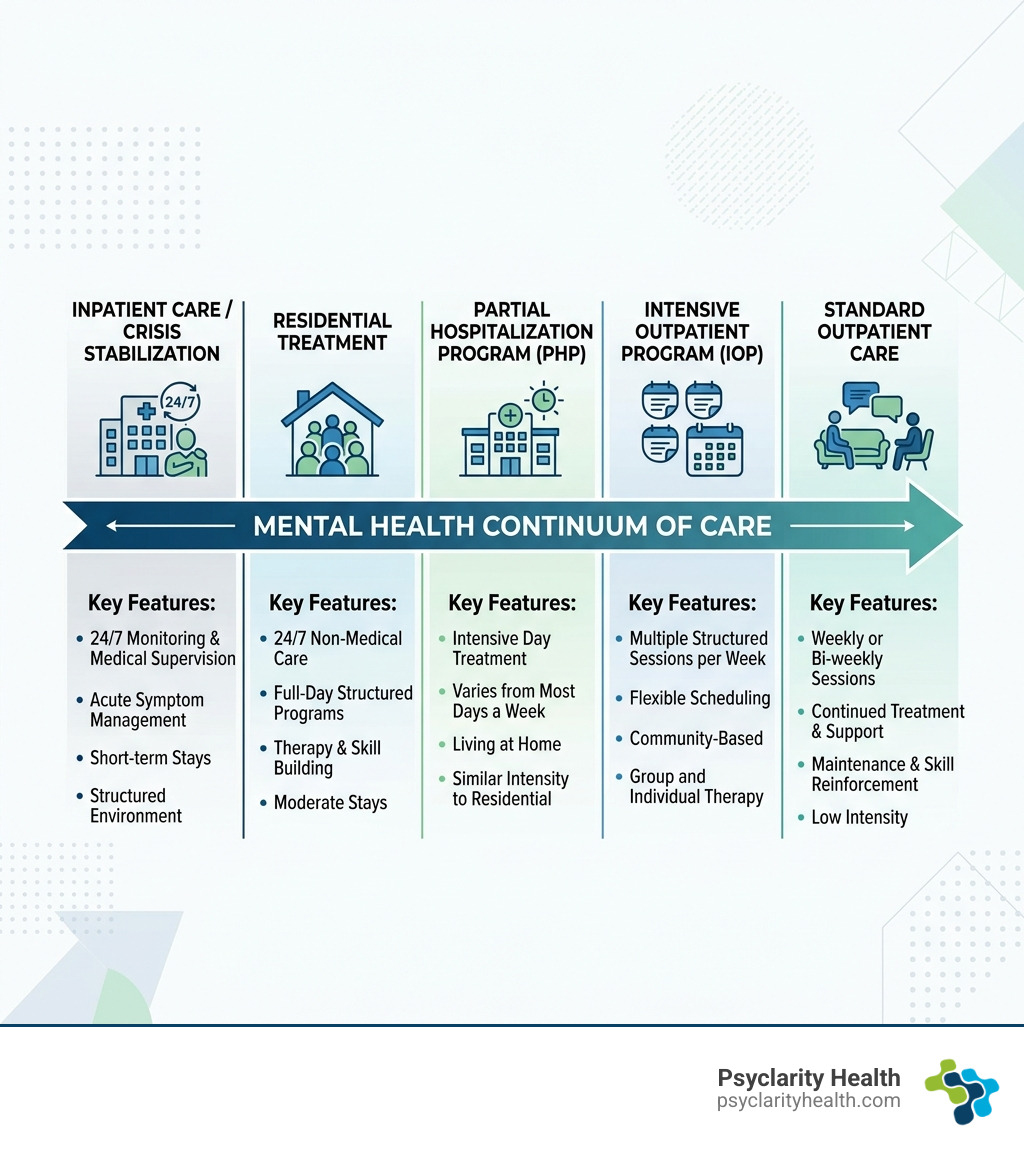 Mental health continuum of care from inpatient to standard outpatient with key features at each level - difference between