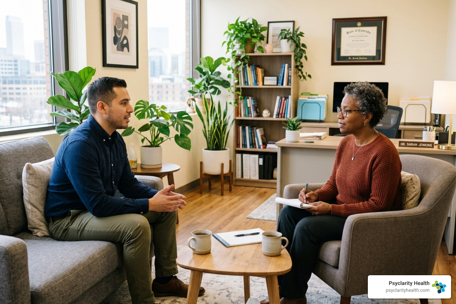 person consulting with a mental health professional in a bright office - difference between inpatient and outpatient mental
