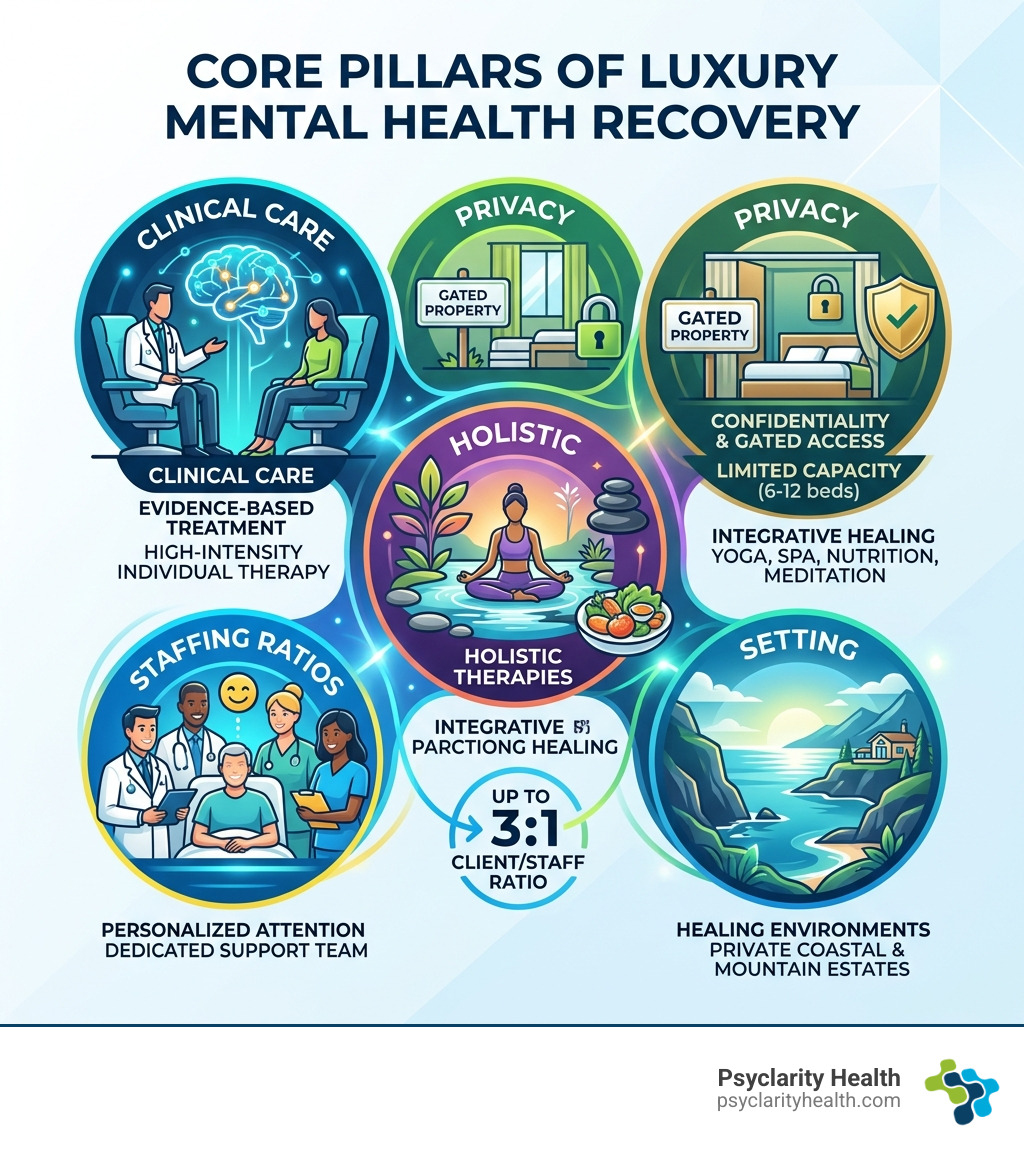 Core pillars of luxury mental health recovery: clinical care, privacy, holistic therapies, staffing ratios, and setting Core pillars of luxury mental health recovery: clinical care, privacy, holistic therapies, staffing ratios, and setting