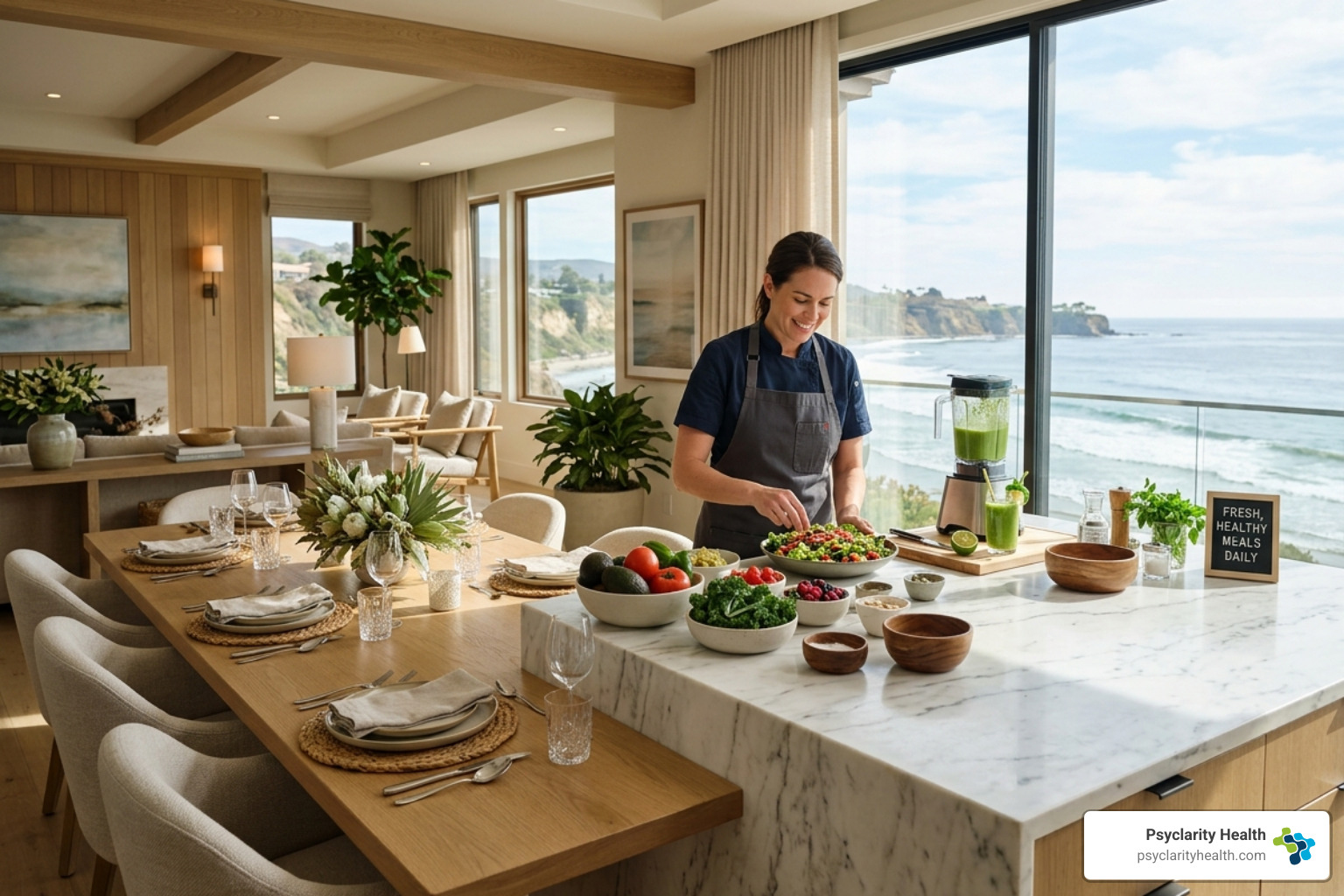 Gourmet dining area with a private chef preparing healthy meals - luxury mental health rehab california Gourmet dining area with a private chef preparing healthy meals - luxury mental health rehab california
