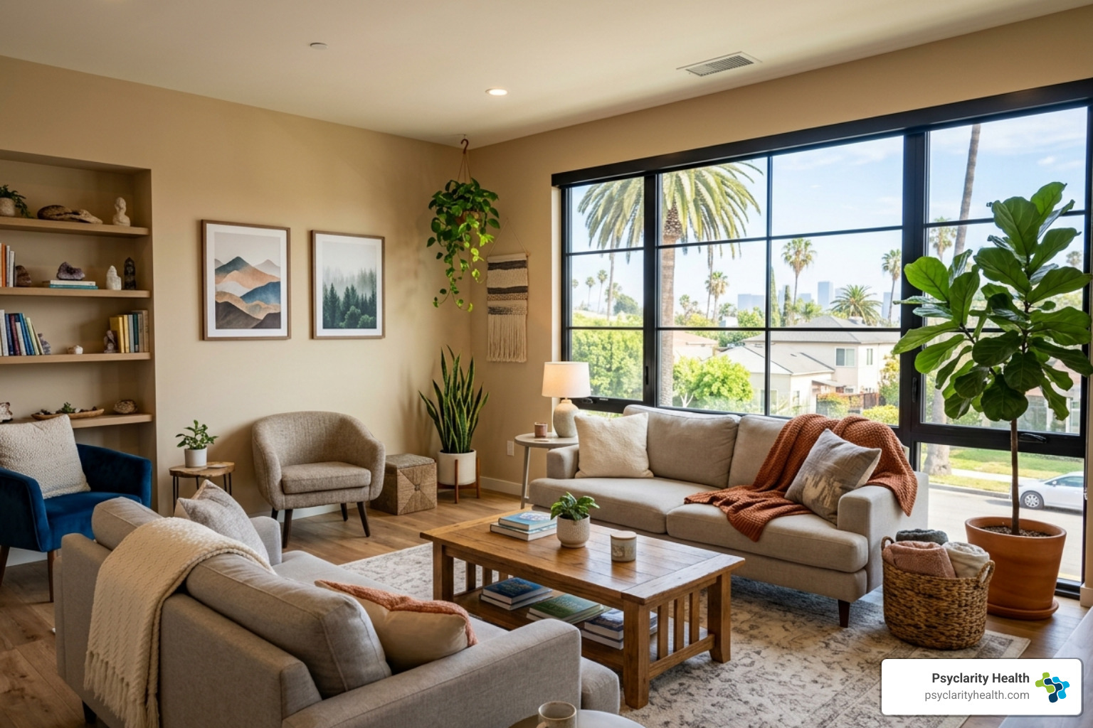 A supportive and comfortable residential living room in a Los Angeles treatment center - residential treatment for young
