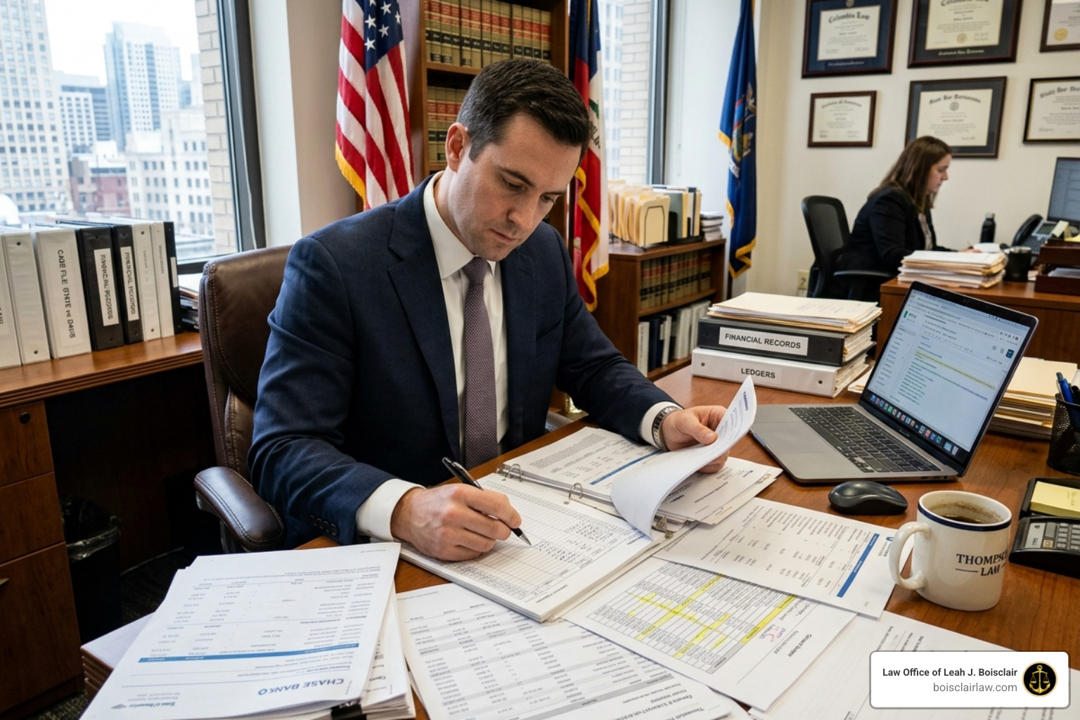 defense attorney reviewing complex financial records and bank statements - money laundering defense attorney