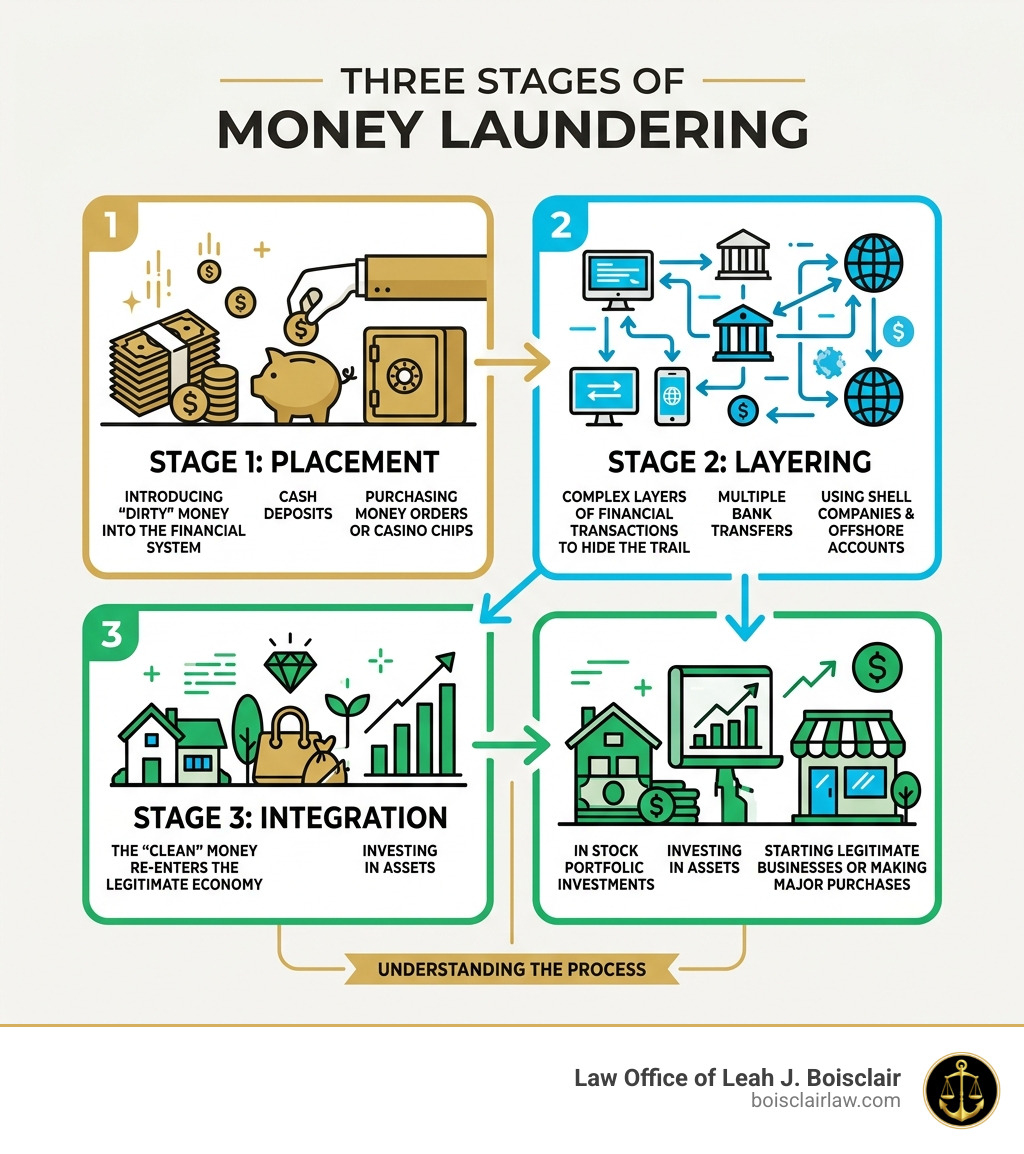 Infographic showing the three stages of money laundering: Placement, Layering, and Integration with brief descriptions