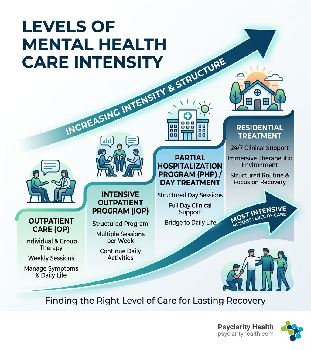 Infographic showing levels of mental health care intensity from outpatient to residential - residential treatment for