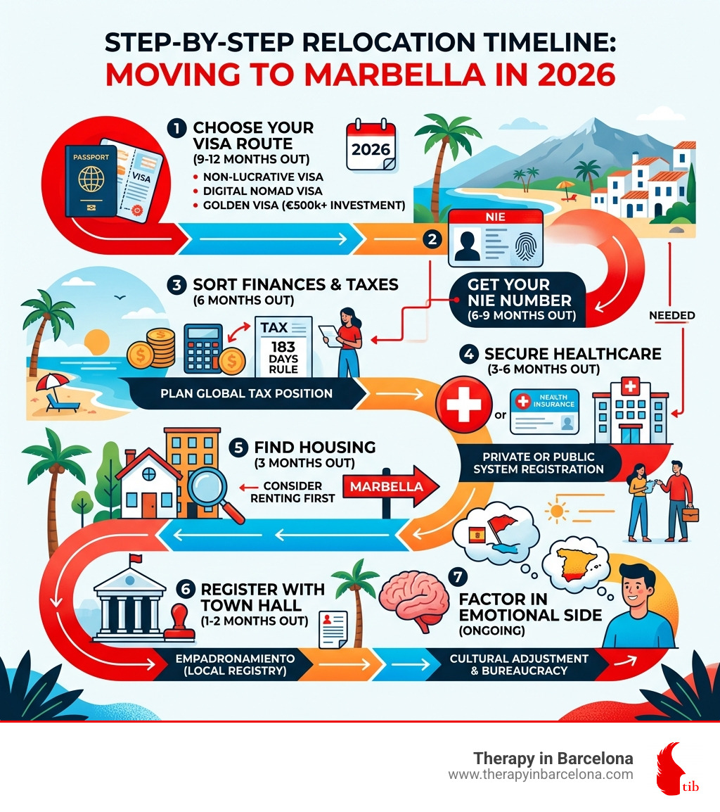 Infographic showing step-by-step relocation timeline for moving to Marbella Spain in 2026 - moving to marbella spain
