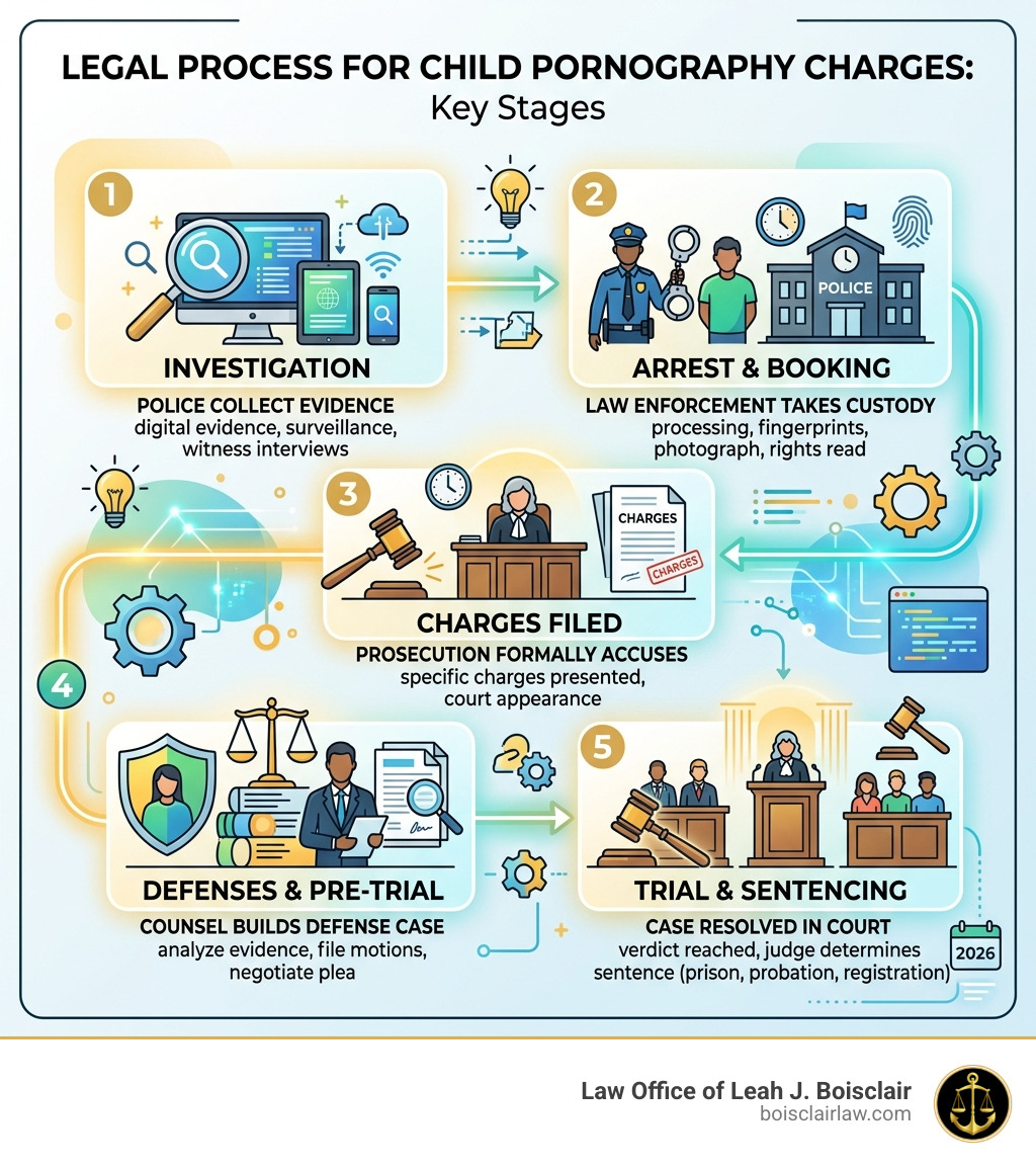 Legal process infographic for child pornography charges: investigation, arrest, charges, defenses, and sentencing - Child