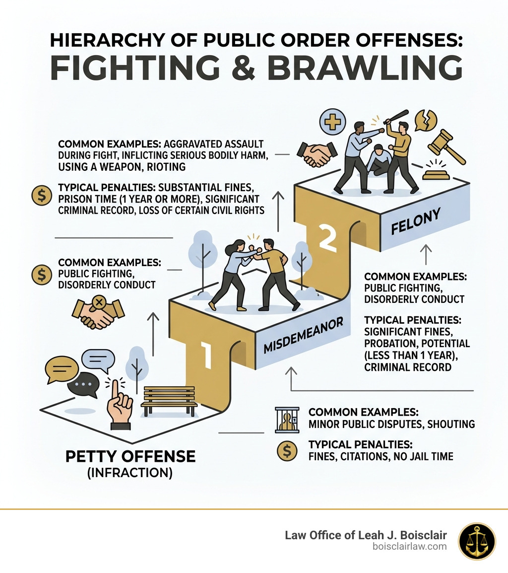 Hierarchy of public order offenses from petty offense to felony with penalties - public order offense fighting or brawling