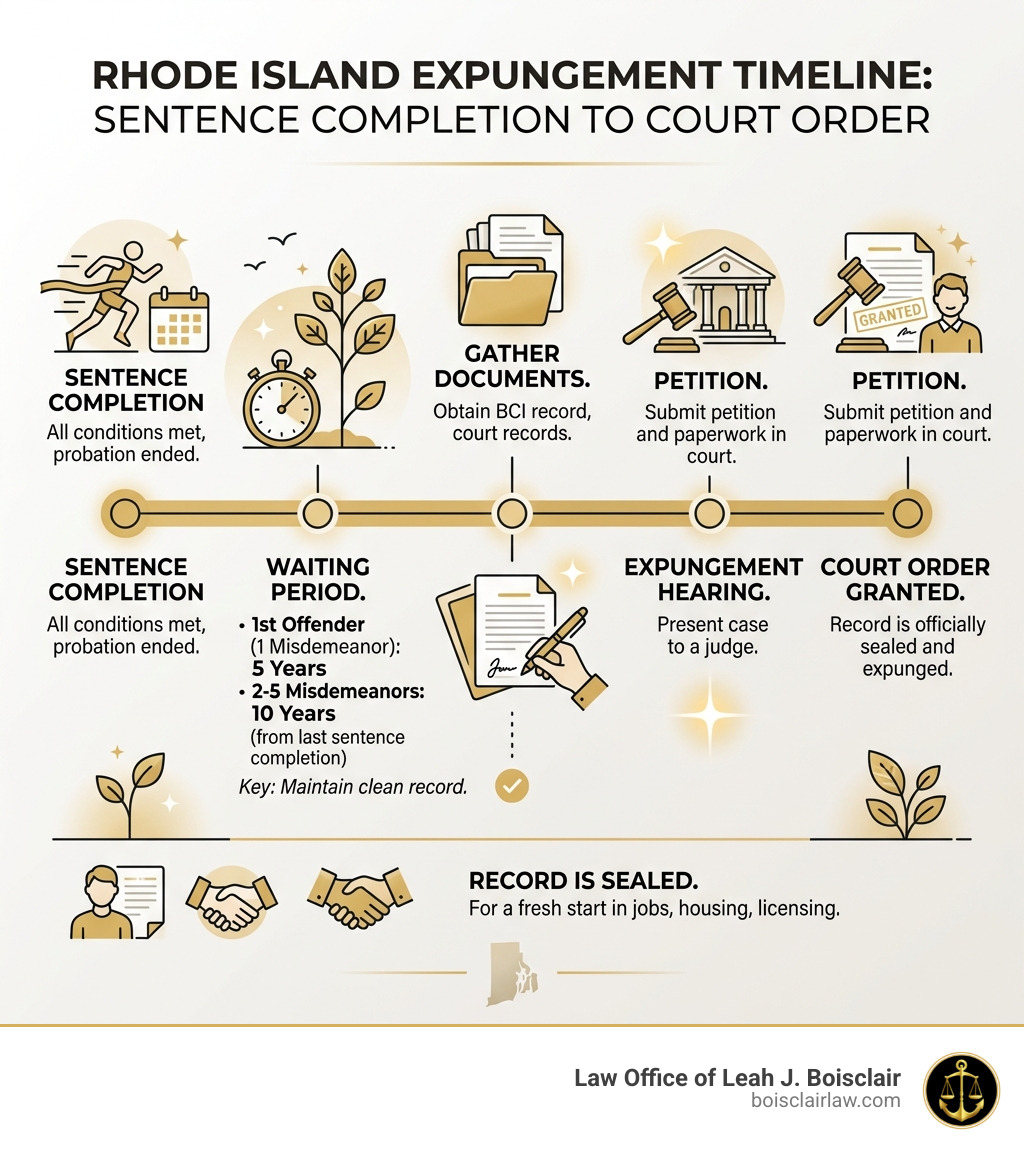 Rhode Island expungement timeline from sentence completion to court order - RI misdemeanor record expungement infographic 