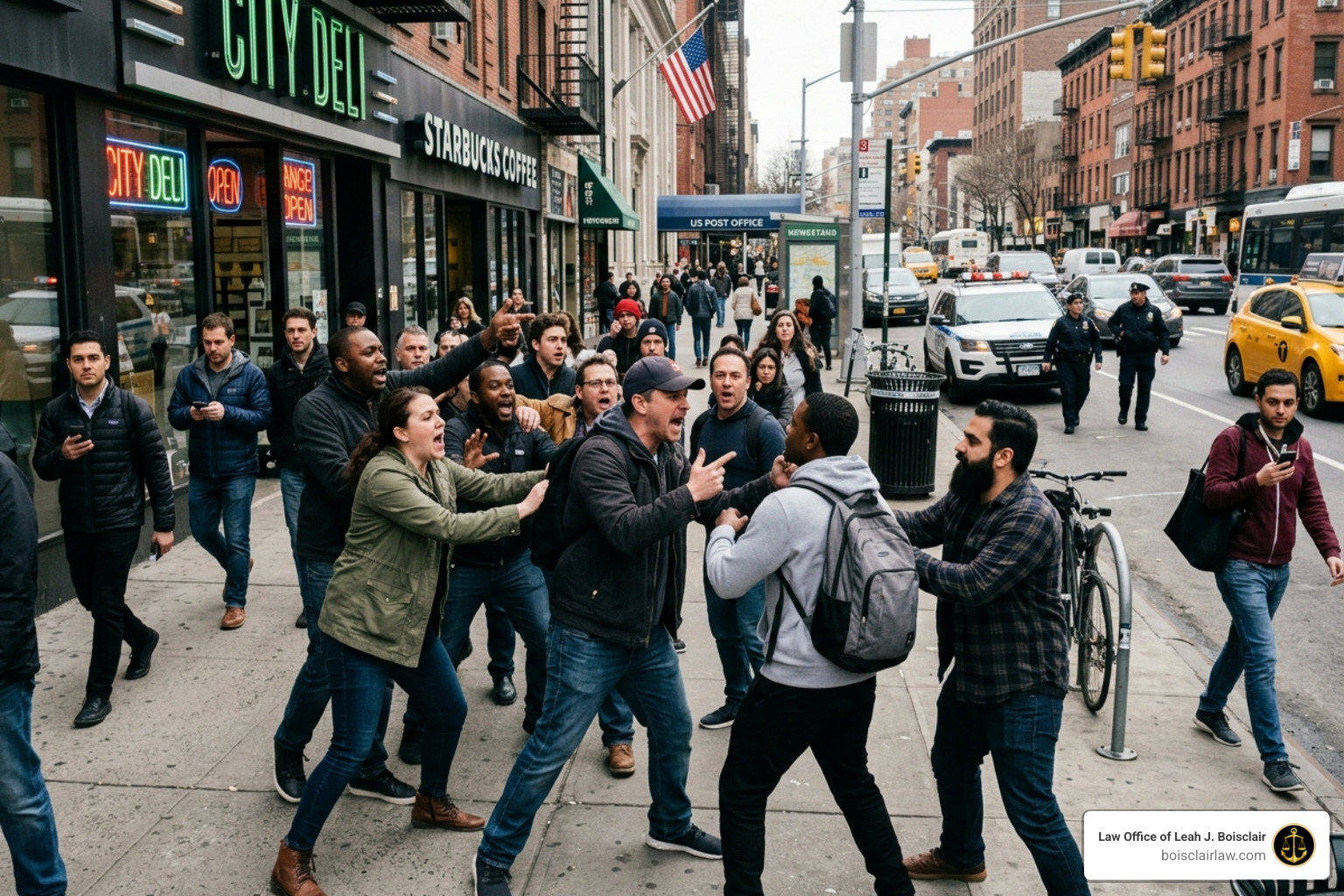 A heated public disturbance involving multiple individuals in a city setting - public order offense fighting or brawling