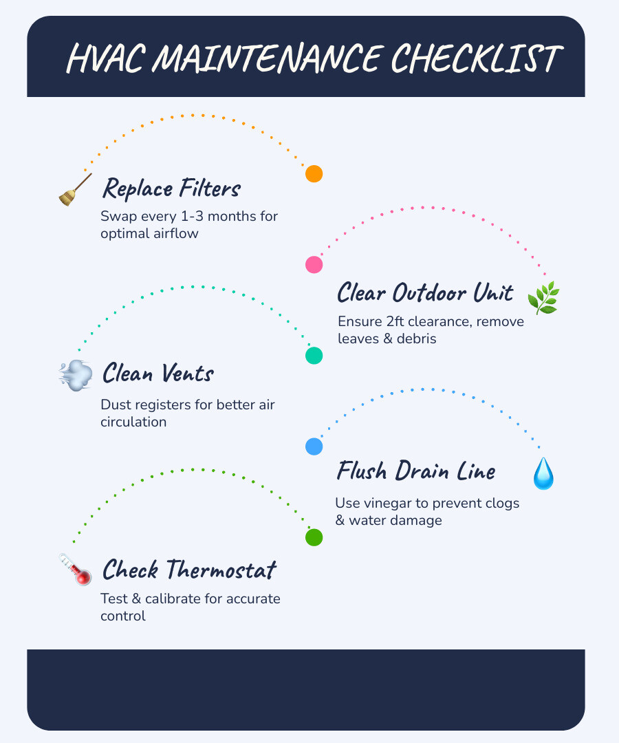 7-step HVAC maintenance process infographic showing filter replacement, outdoor clearance, vent cleaning, drain flush 7-step HVAC maintenance process infographic showing filter replacement, outdoor clearance, vent cleaning, drain flush