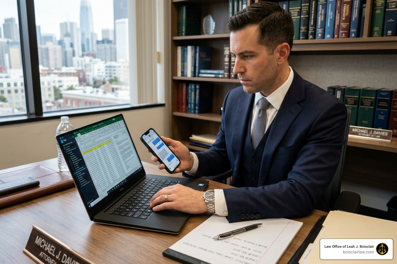 attorney investigating digital evidence on a laptop and smartphone - domestic assault attorney