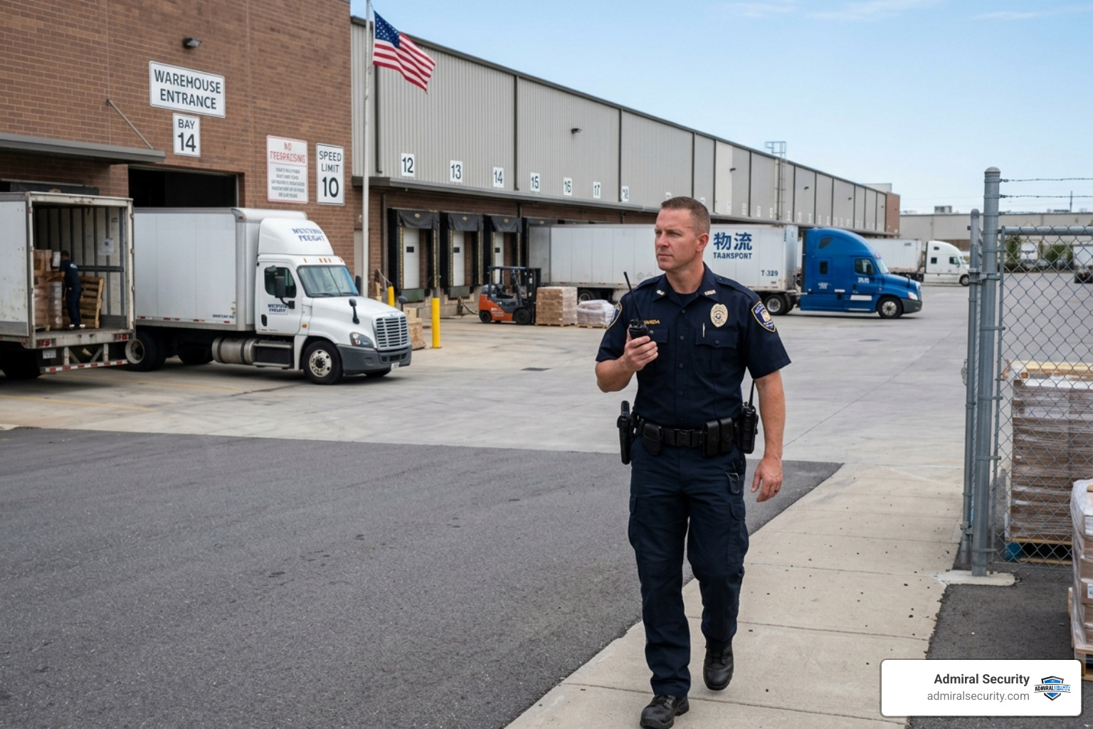 Professional security guard patrolling a commercial warehouse facility - security guards for businesses