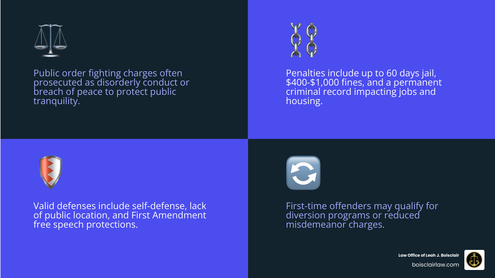 Infographic explaining public order offense fighting and brawling definitions, penalties, and defenses in 2026 - public