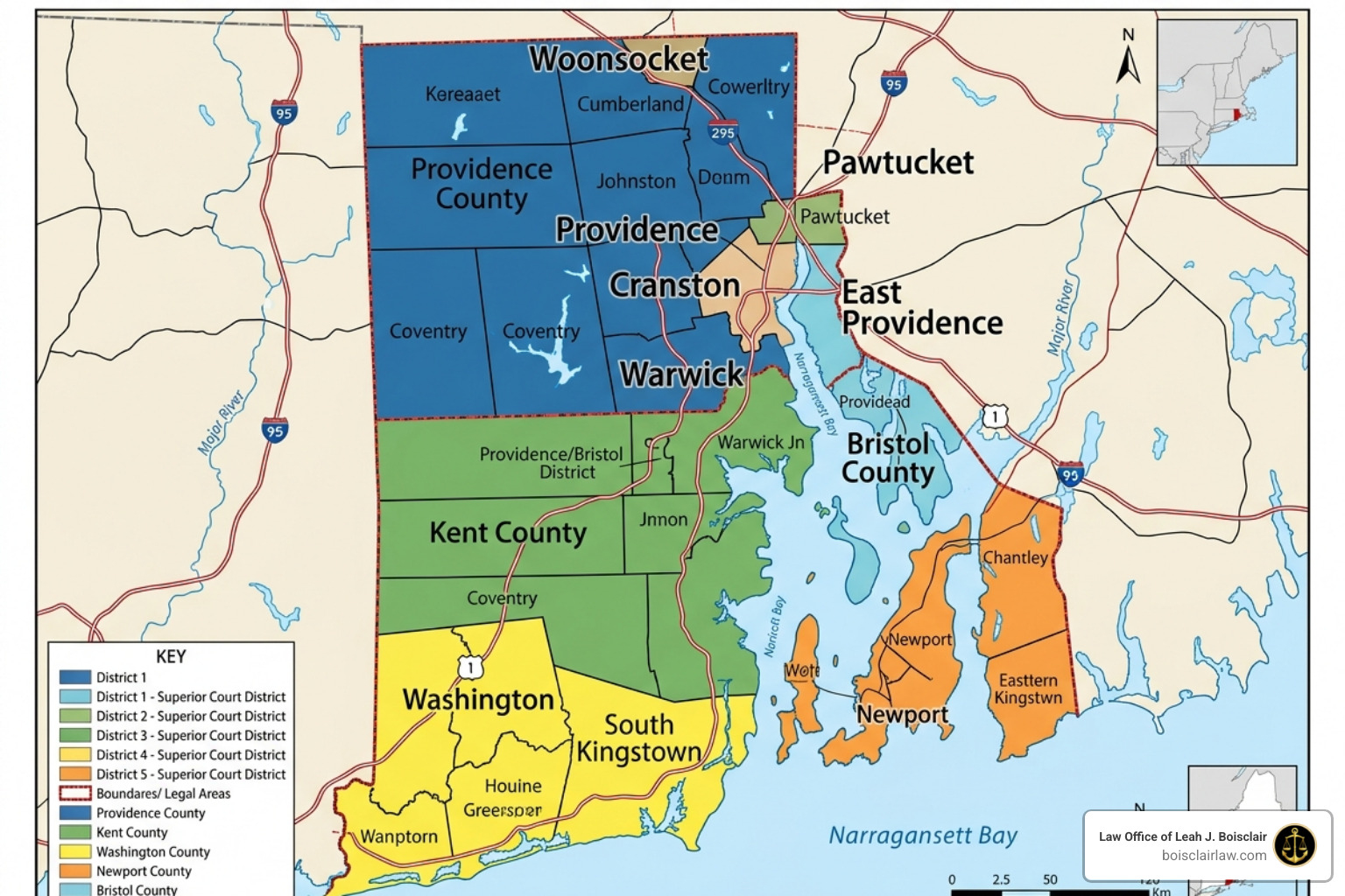 Map showing different legal jurisdictions and court boundaries in Rhode Island - public order offense fighting and brawling
