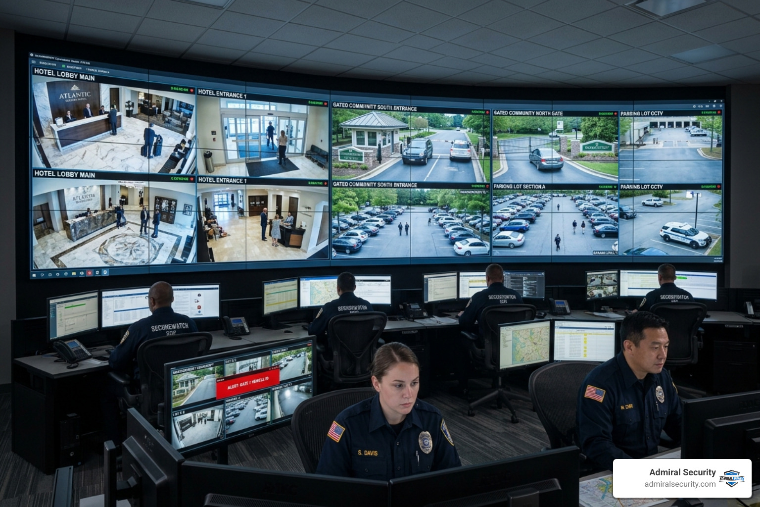 Security operations center monitoring multiple commercial feeds - reliable security guard provider