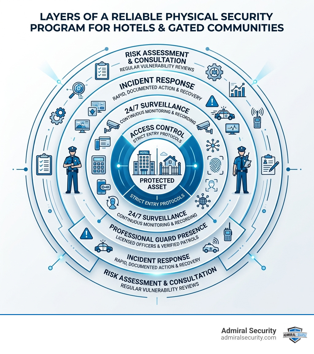 Infographic showing the key layers of a reliable physical security program for hotels and gated communities - reliable