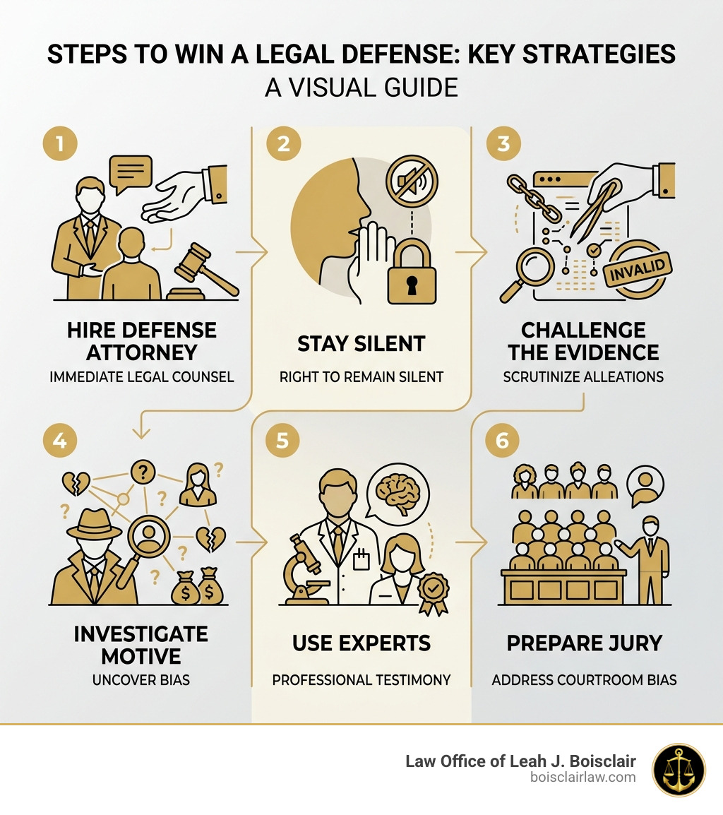 Steps to win a molestation case: hire attorney, stay silent, challenge evidence, investigate motive, use experts, prepare