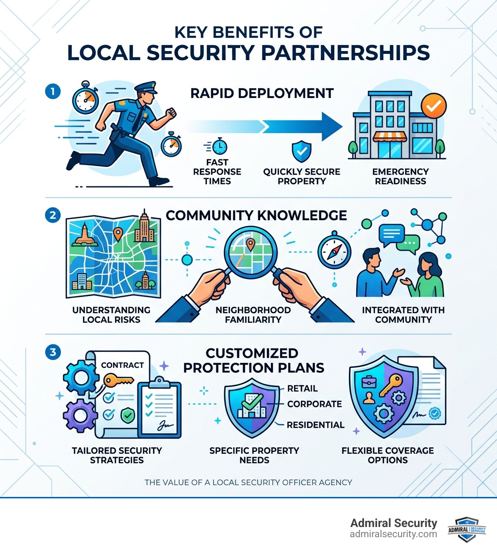 Infographic showing key benefits of local security partnerships including rapid deployment, community knowledge, and