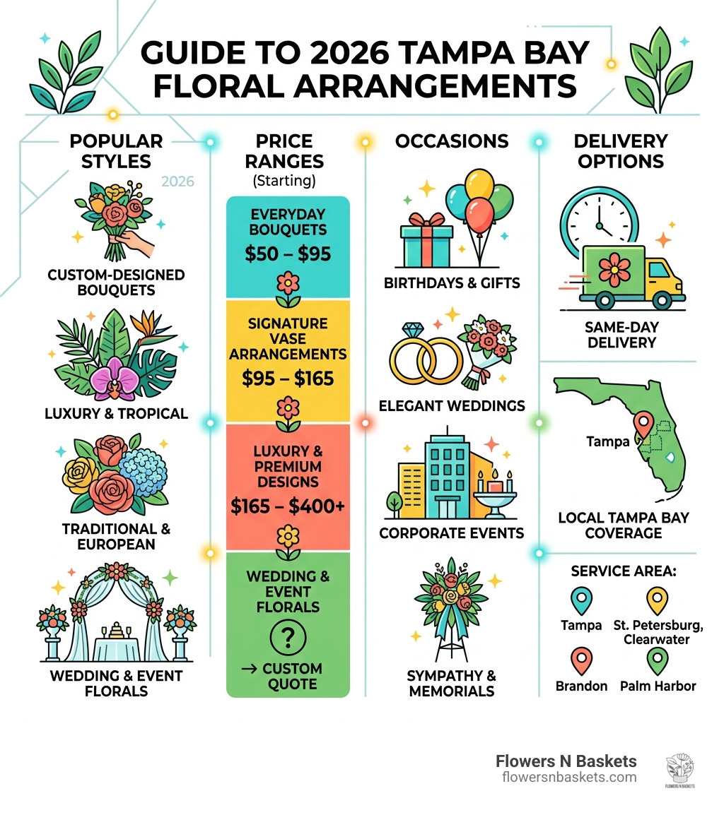 Infographic showing 2026 Tampa Bay floral arrangement styles, price ranges, occasions, and delivery options - floral