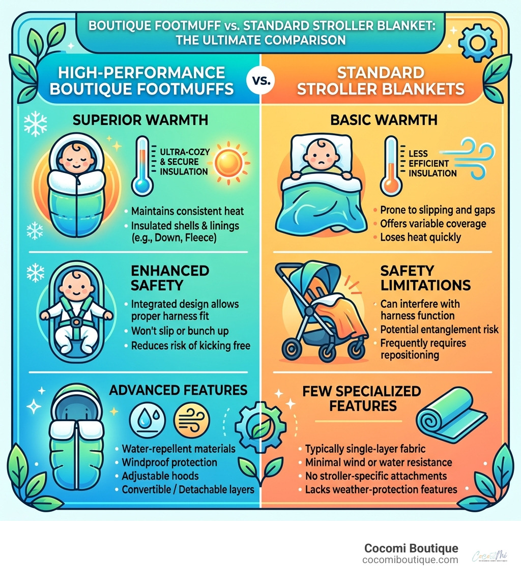 infographic comparing high-performance boutique footmuffs vs standard stroller blankets on warmth, safety, and features