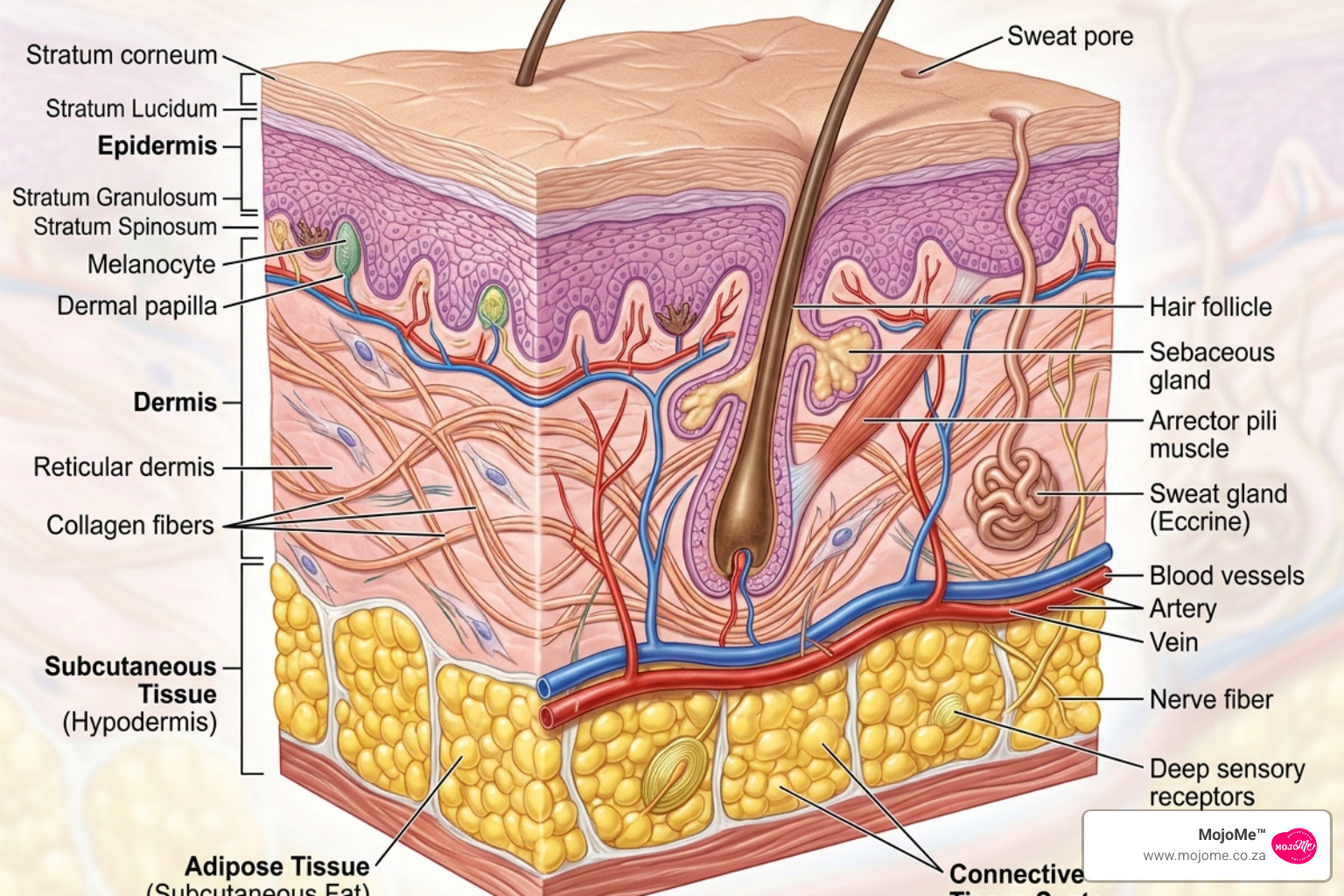 Cross-section of skin showing dermal thickness and adipose tissue layers - marine collagen for cellulite