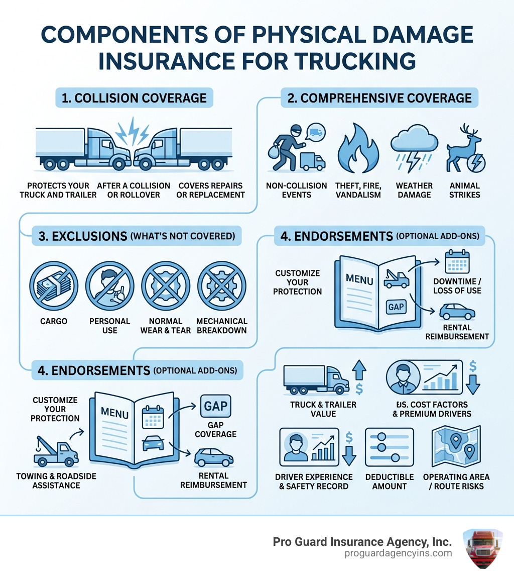 Components of physical damage insurance for trucking: collision, comprehensive, exclusions, endorsements, and cost factors