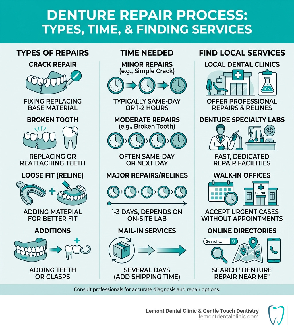 Denture repair process infographic: types of repairs, time needed, and how to find local services - Denture repair near me