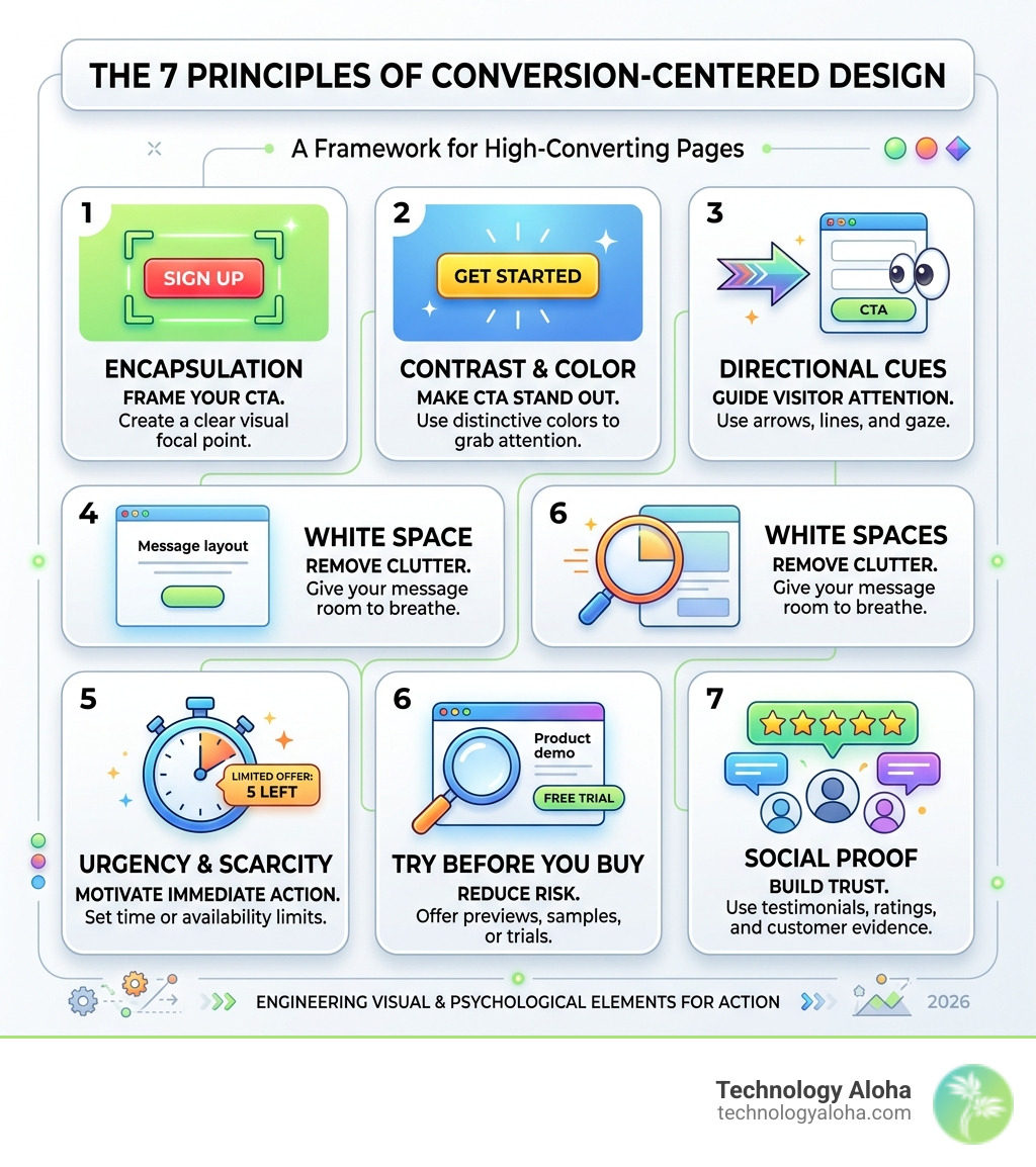 Infographic showing the 7 principles of conversion-centered design framework with icons and brief descriptions - 7