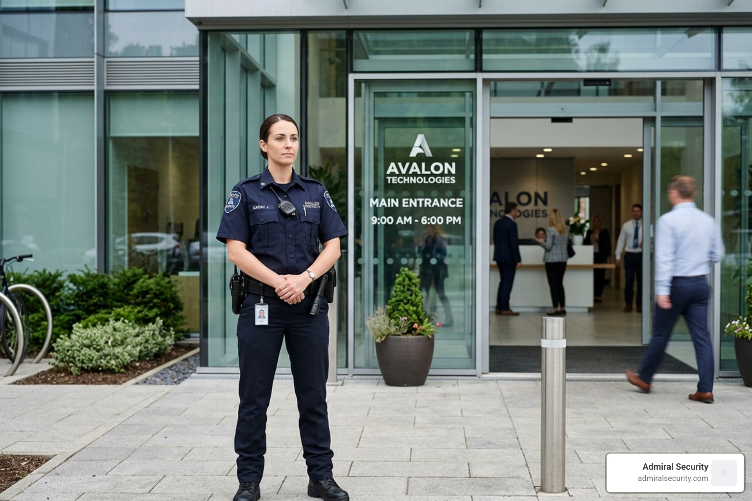 Professional security officer standing guard at a local facility - security guard office near me