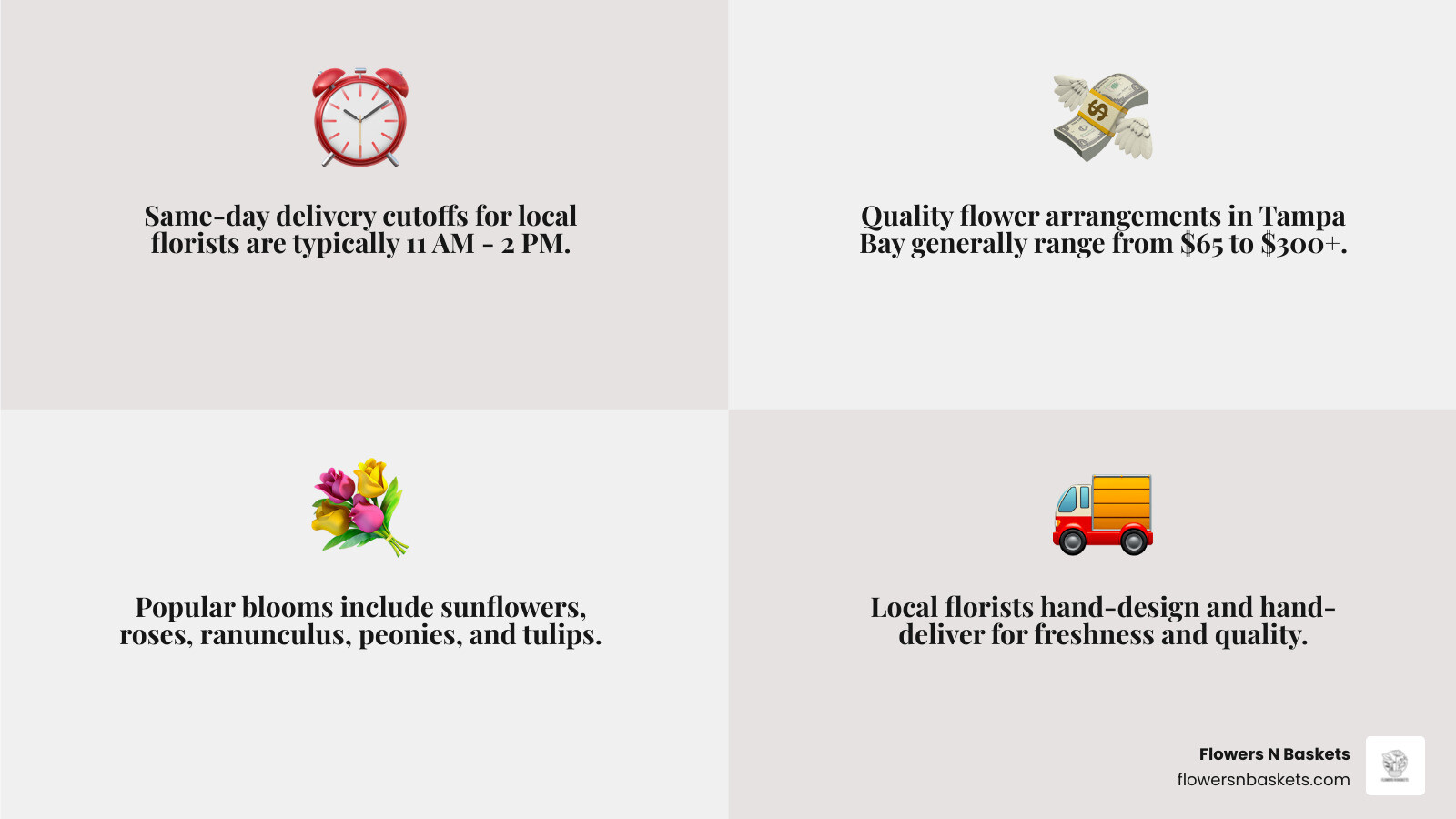 Top Tampa Bay florists, same-day delivery cutoffs, price ranges, and popular flower types infographic - flower delivery