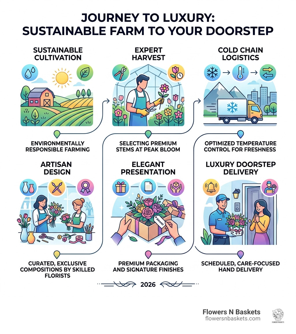 Infographic showing journey from sustainable farm to luxury doorstep delivery with key quality markers - upscale flower