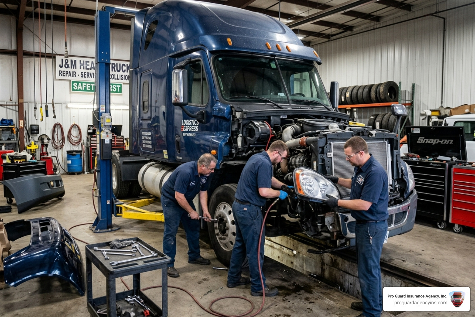 A professional truck repair shop where a semi-truck is undergoing maintenance after a collision - physical damage insurance