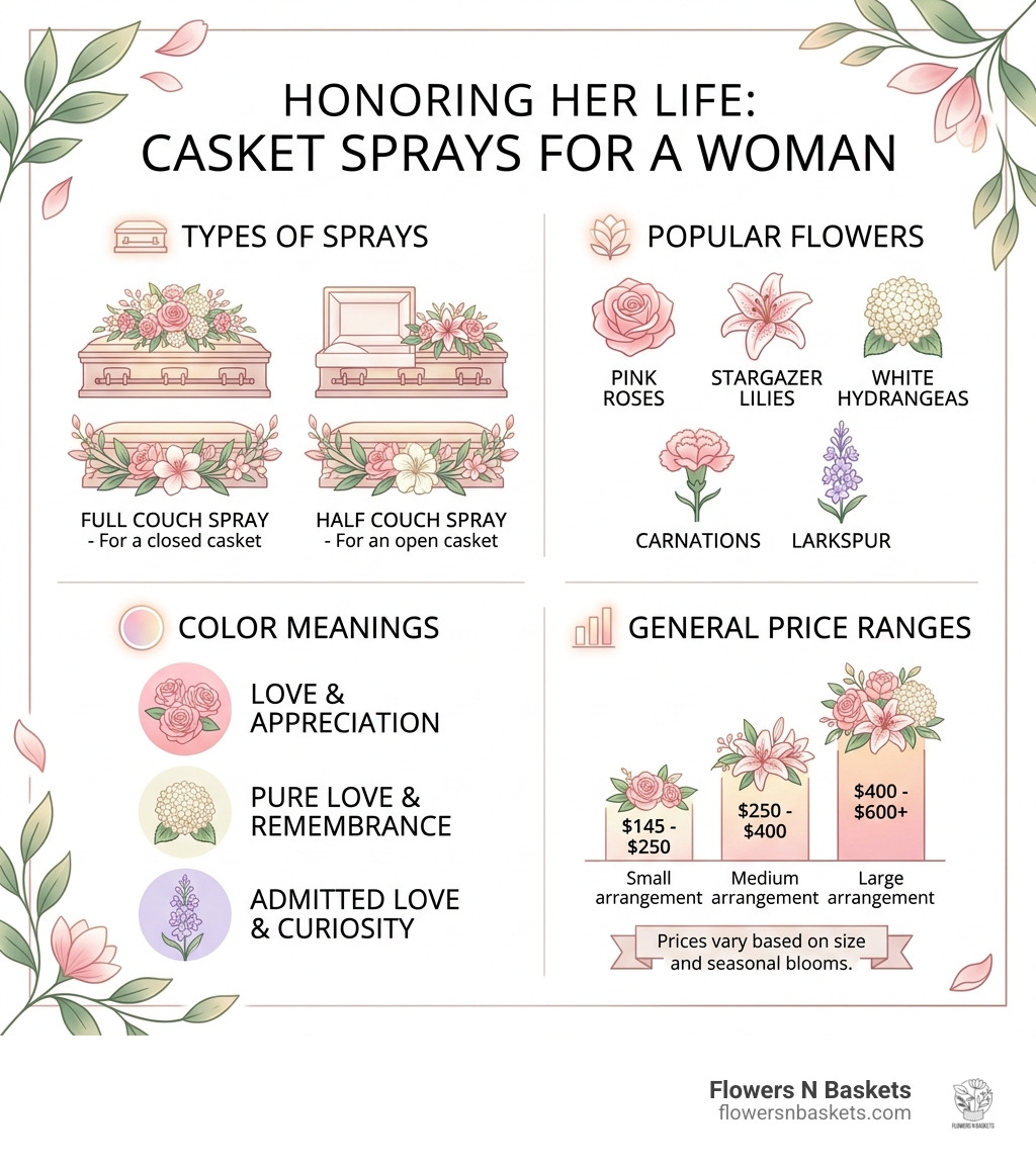 Infographic showing types of casket sprays for a woman, popular flowers, color meanings, and price ranges - casket sprays Infographic showing types of casket sprays for a woman, popular flowers, color meanings, and price ranges - casket sprays
