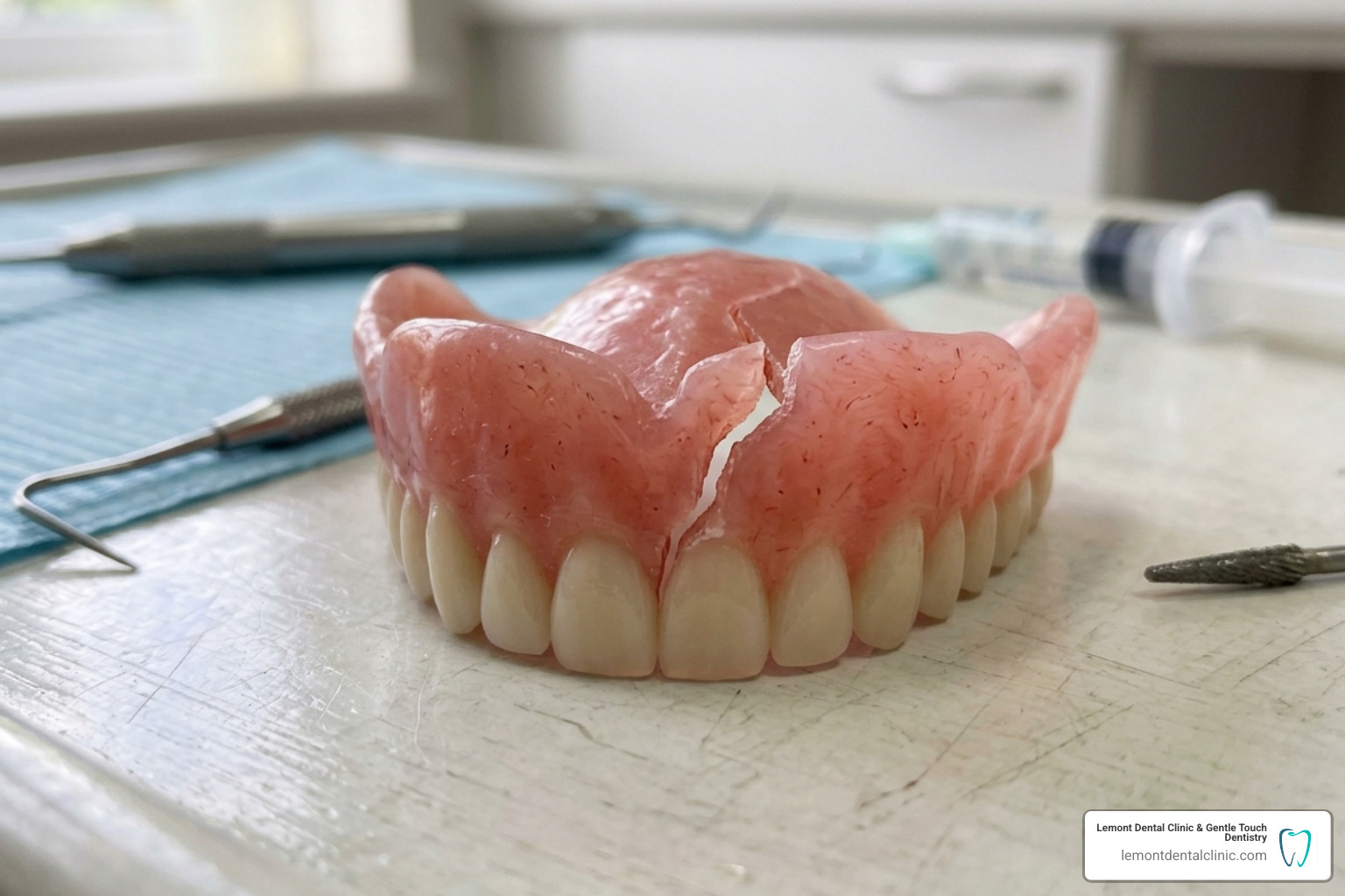 A close-up of a cracked denture base requiring professional repair - Denture repair near me