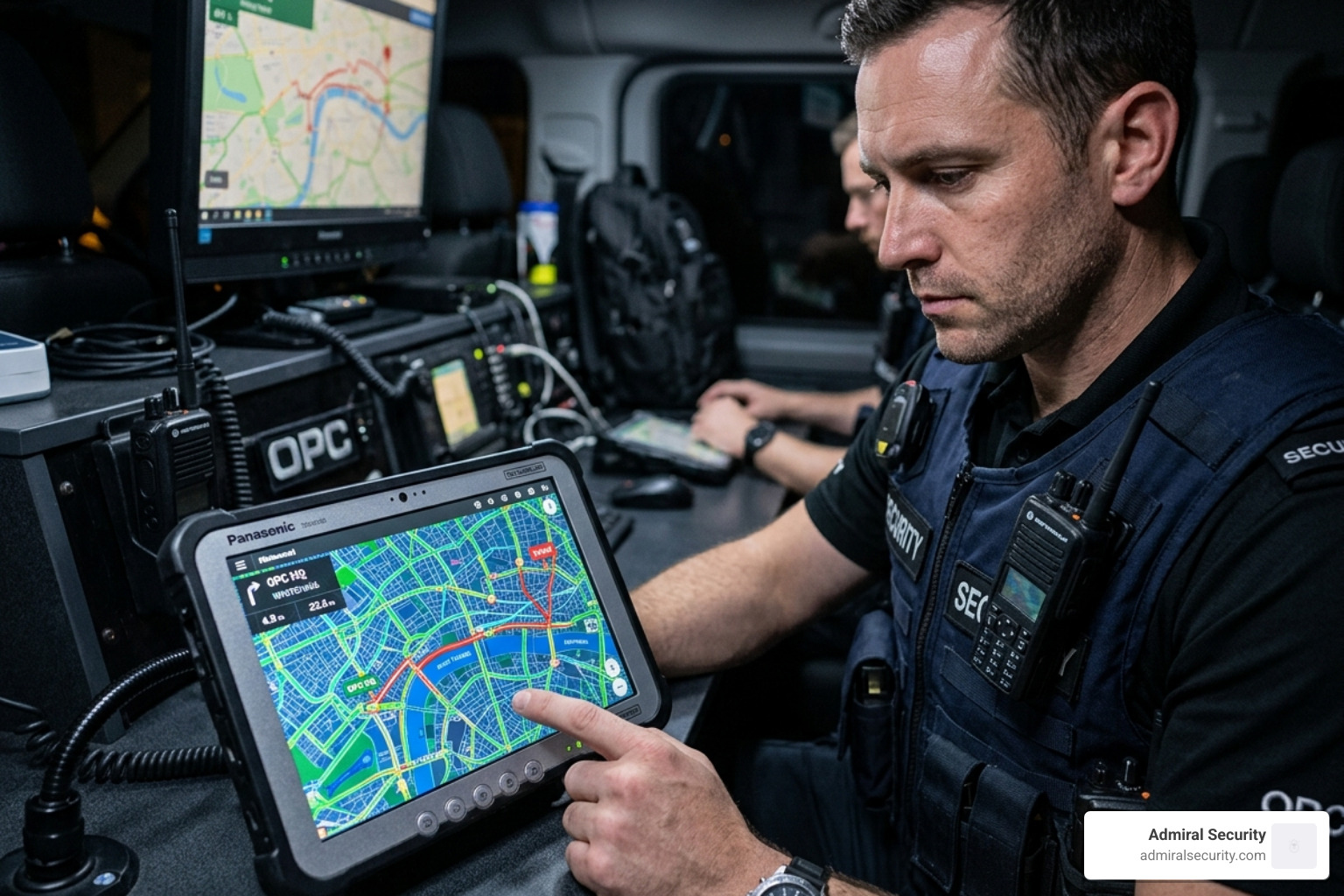 Security professional planning a protection route on a digital map - personal security guard hire Security professional planning a protection route on a digital map - personal security guard hire