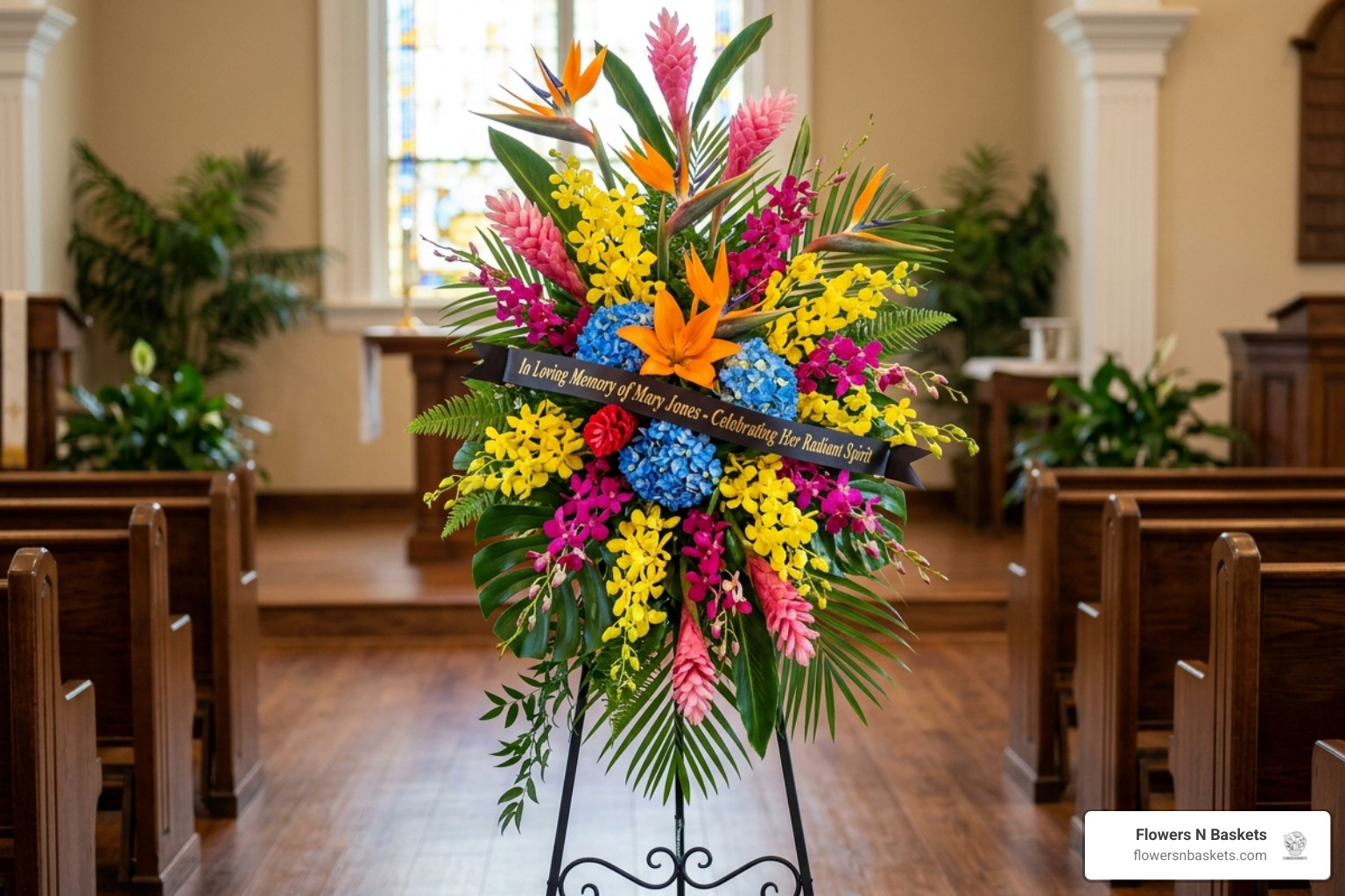 vibrant tropical standing spray for Tampa service - tampa funeral floral consultation